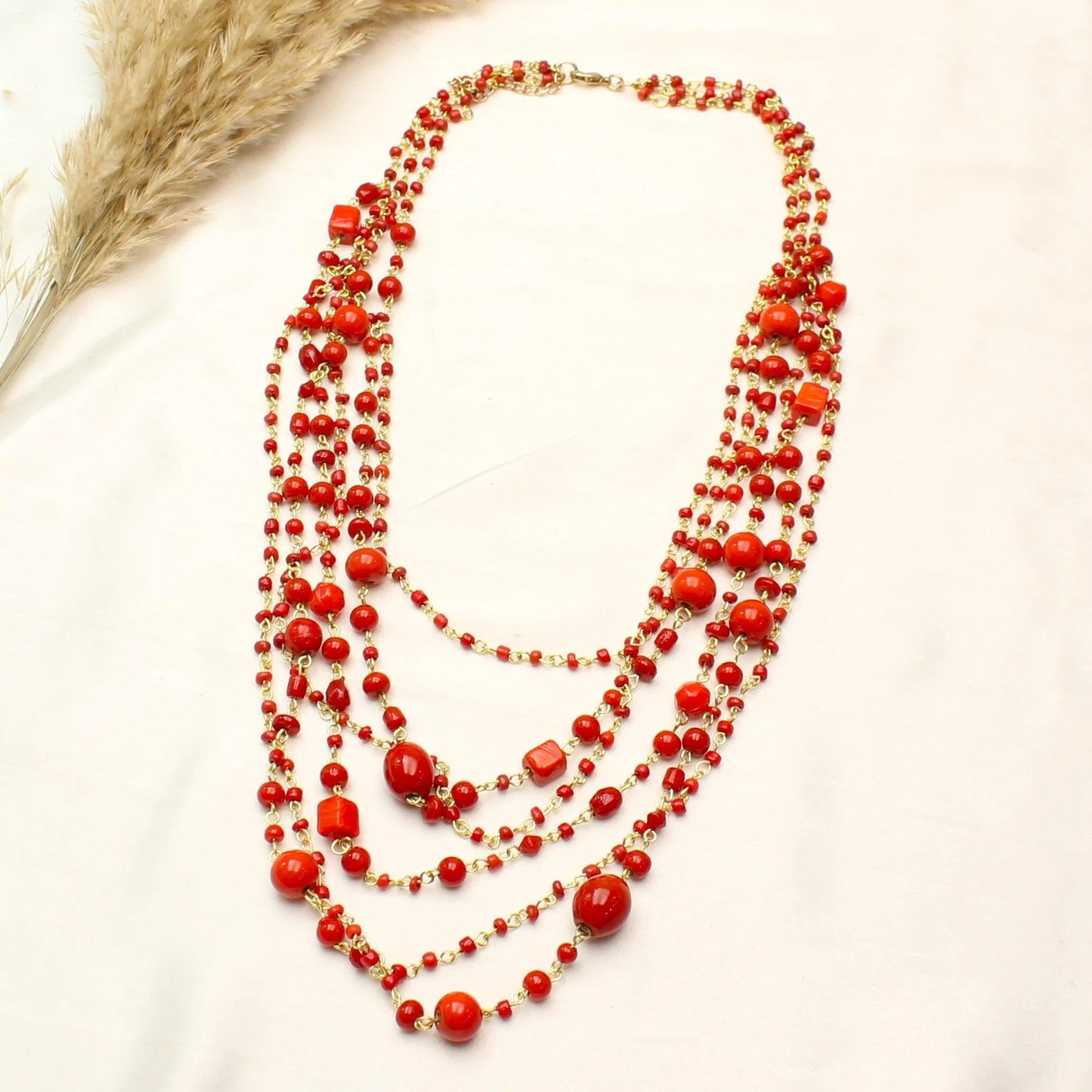 TFC Blood Red Beaded Layered Necklace