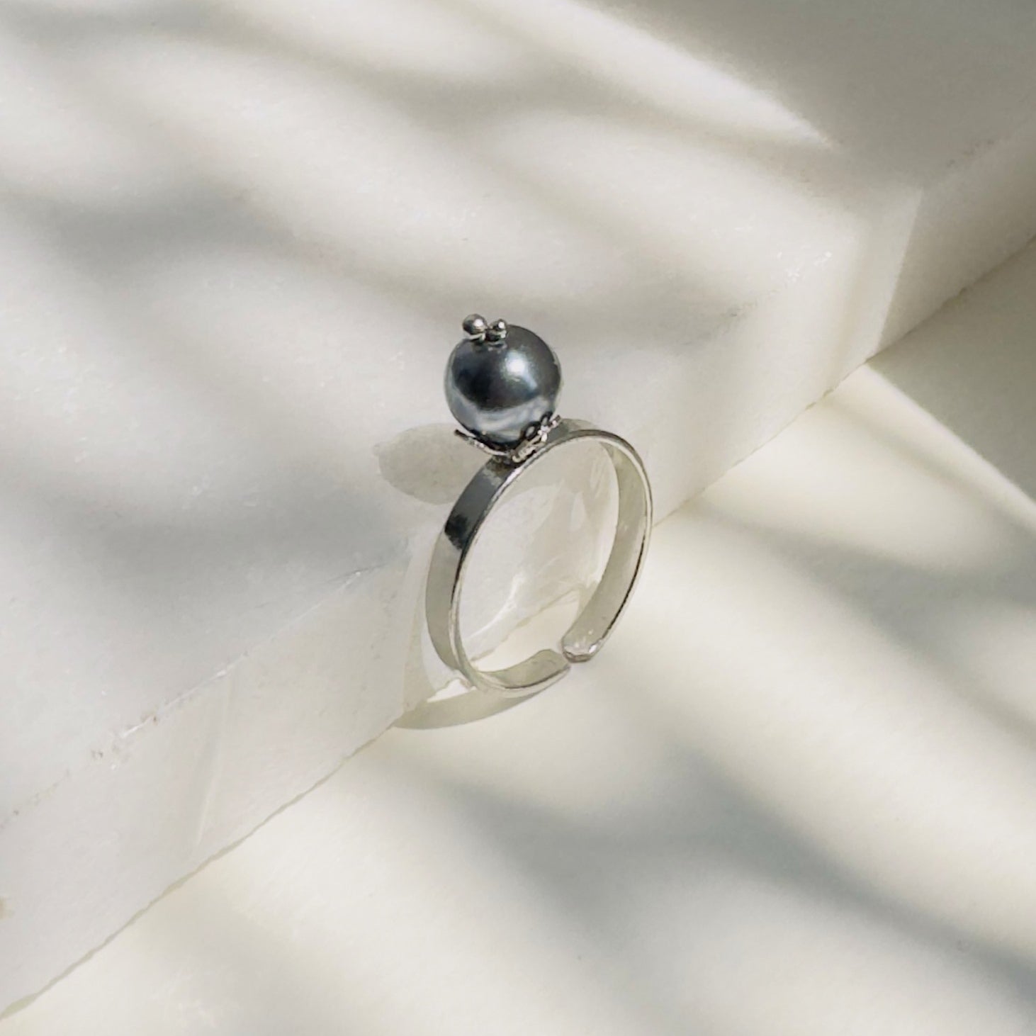 TFC Blue Pearl Bead Silver Plated Adjustable Ring