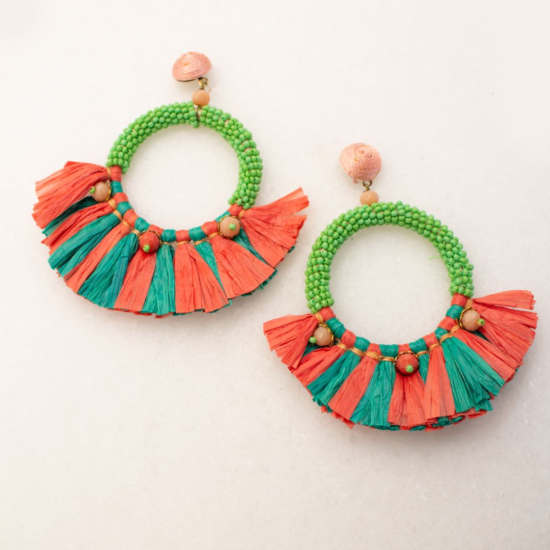 TFC Boho Orange and Green Fan Dangler Earrings