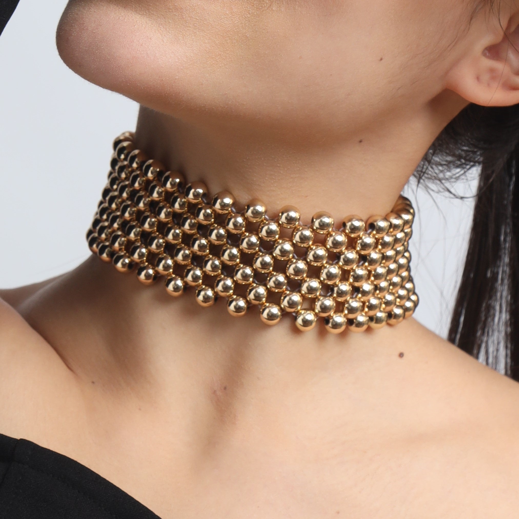 TFC Bold Bead Mesh Gold Plated Choker Necklace