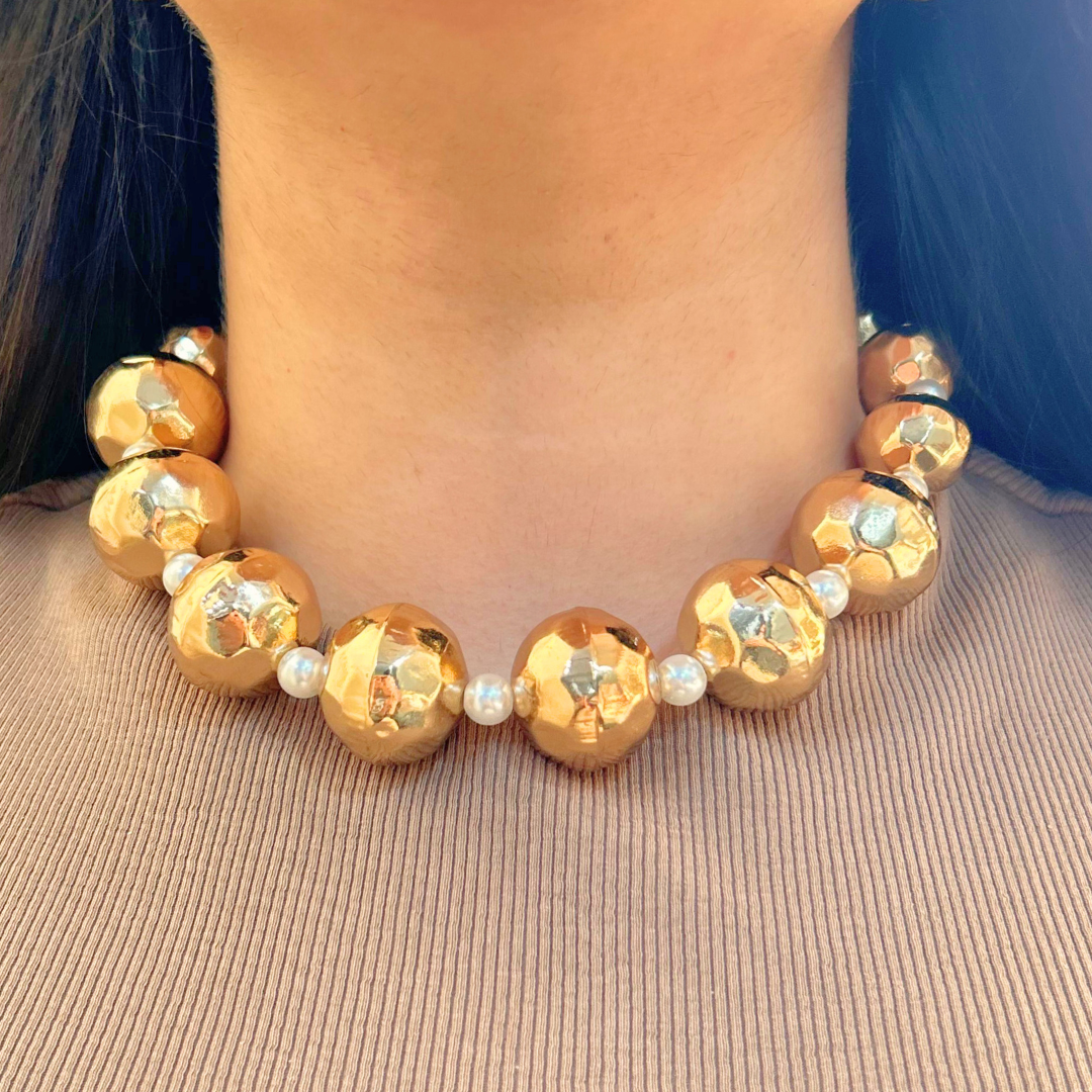 TFC Bold Textured Bead And Pearl Gold Plated Necklace