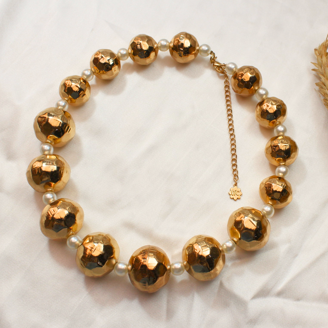 TFC Bold Textured Bead And Pearl Gold Plated Necklace