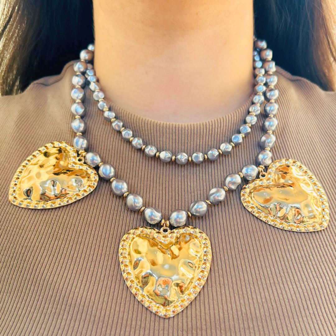 TFC Bold Triple Mashed Heart Gold Plated Layered Necklace