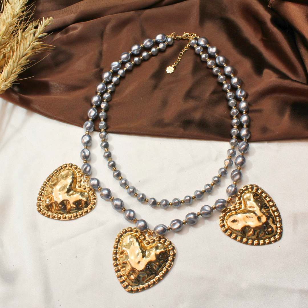 TFC Bold Triple Mashed Heart Gold Plated Layered Necklace