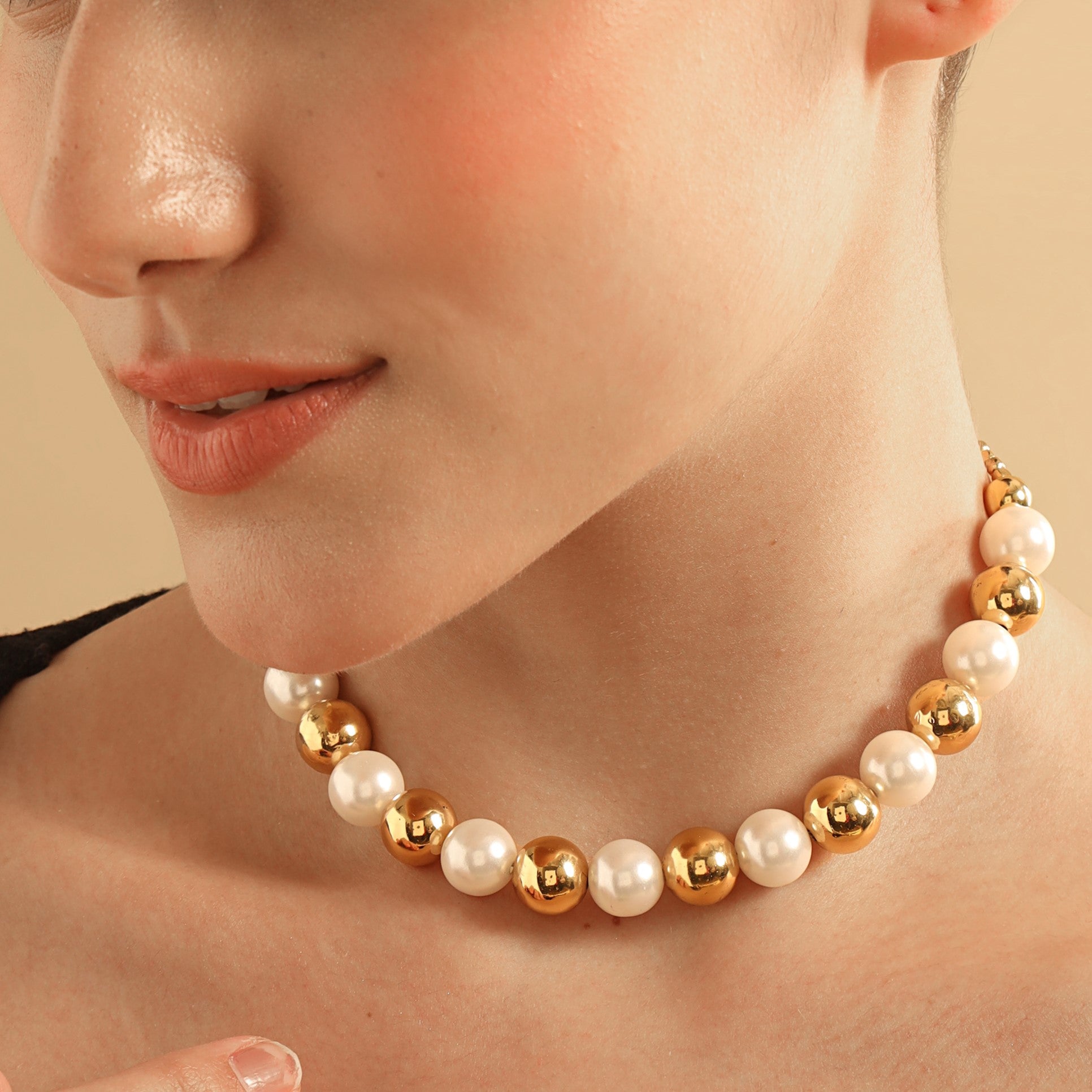TFC Pearl and Gold Bead Choker Necklace-Enhance your elegance with our collection of gold-plated necklaces for women. Choose from stunning pendant necklaces, chic choker necklaces, and trendy layered necklaces. Our sleek and dainty designs are both affordable and anti-tarnish, ensuring lasting beauty. Enjoy the cheapest fashion jewellery, lightweight and stylish- only at The Fun Company.