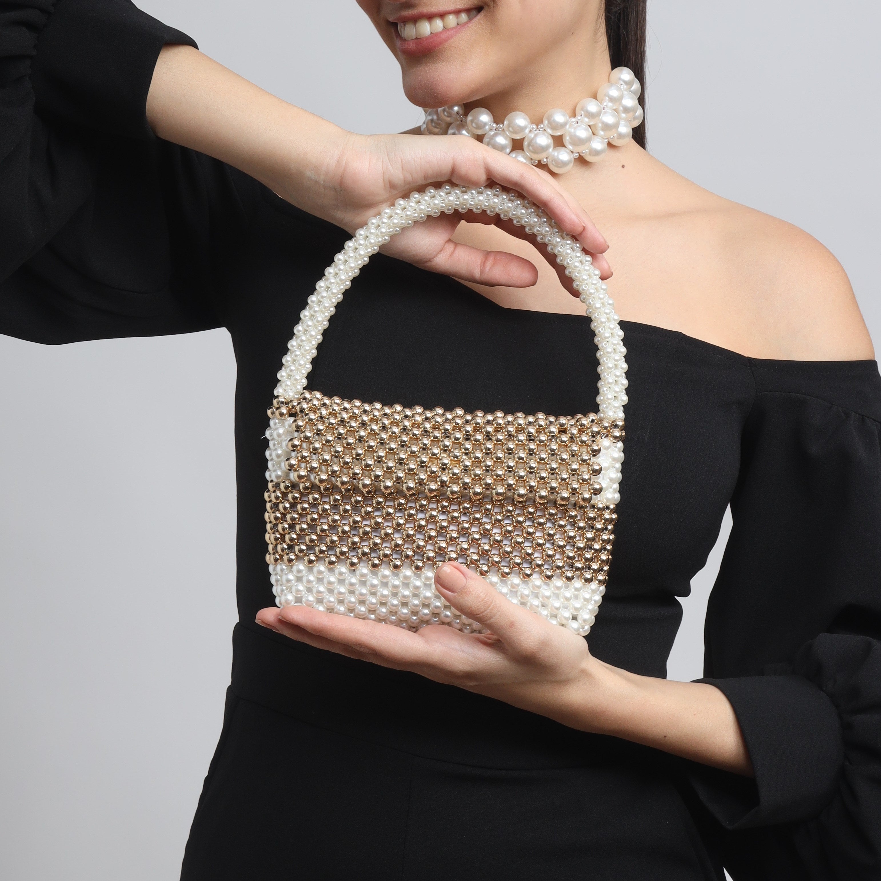 TFC Chic Pearl & Gold Beaded Handbag