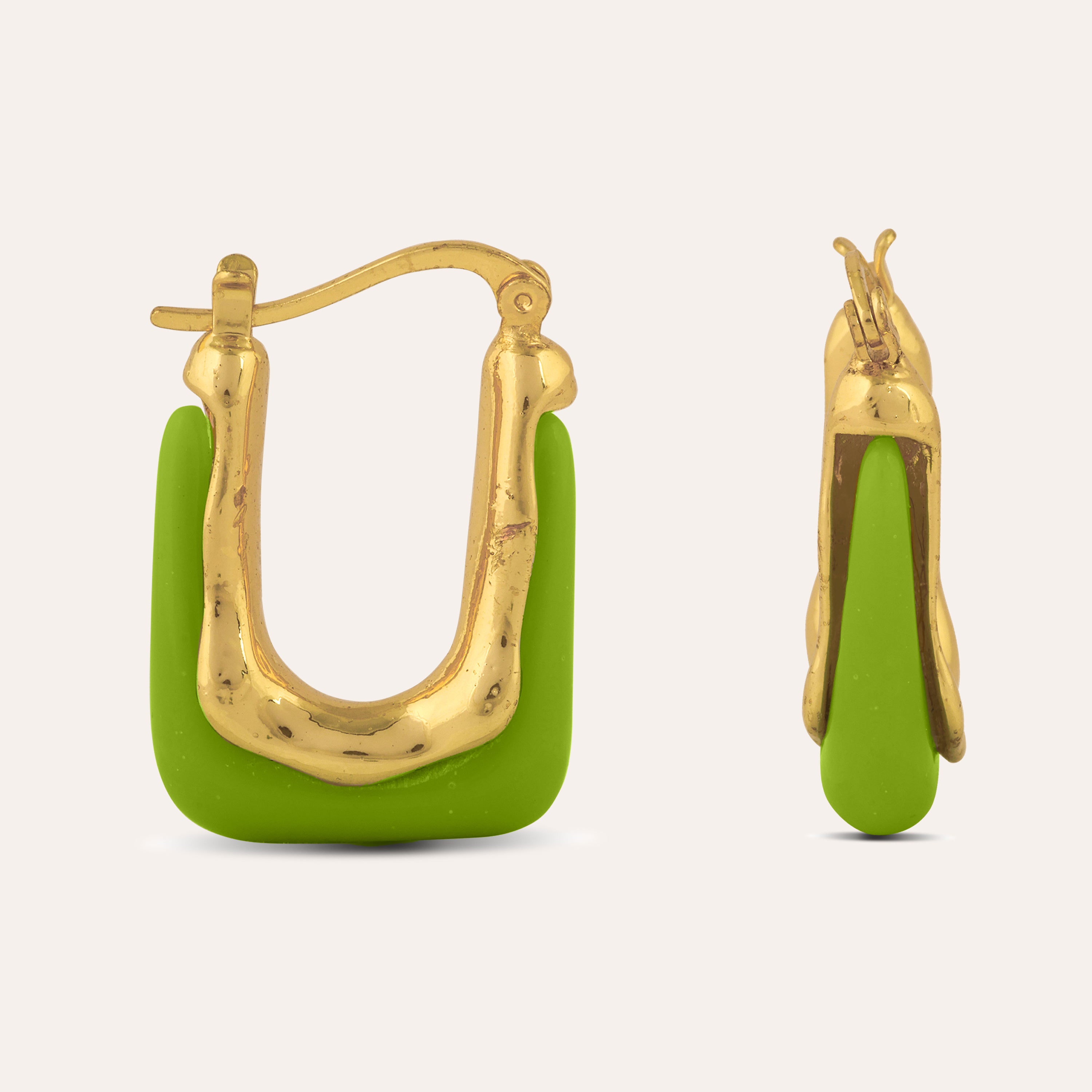 TFC Square Green Resin Gold Plated Hoop Earrings