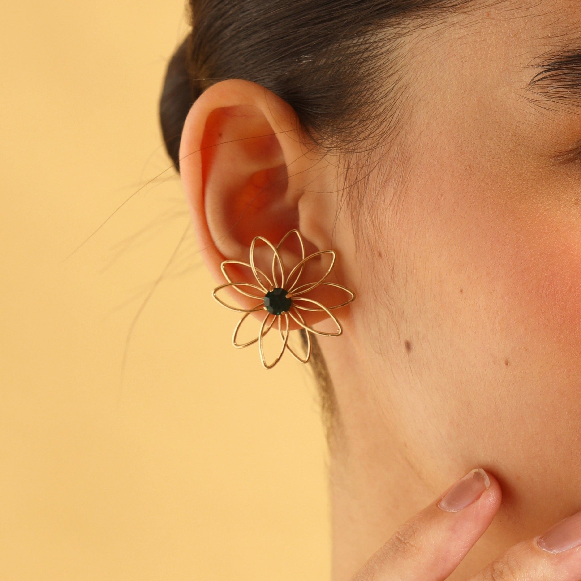 TFC Cute Floral Emerald Big Gold Plated Stud Earrings