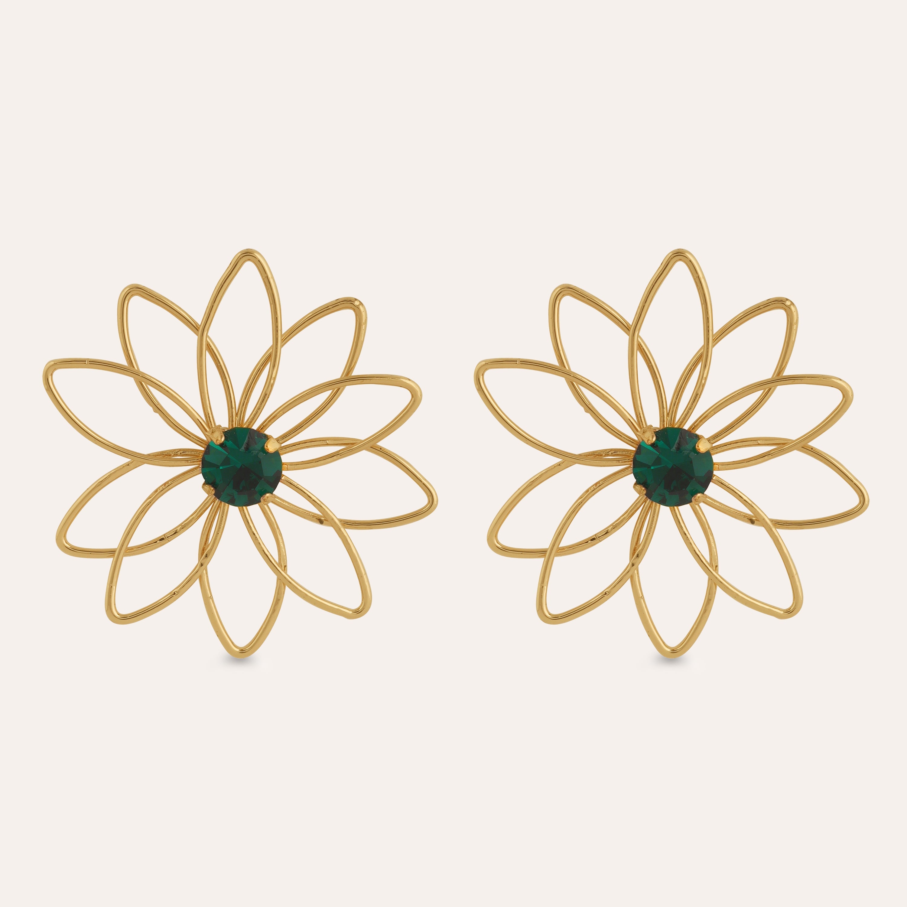 TFC Cute Floral Emerald Big Gold Plated Stud Earrings