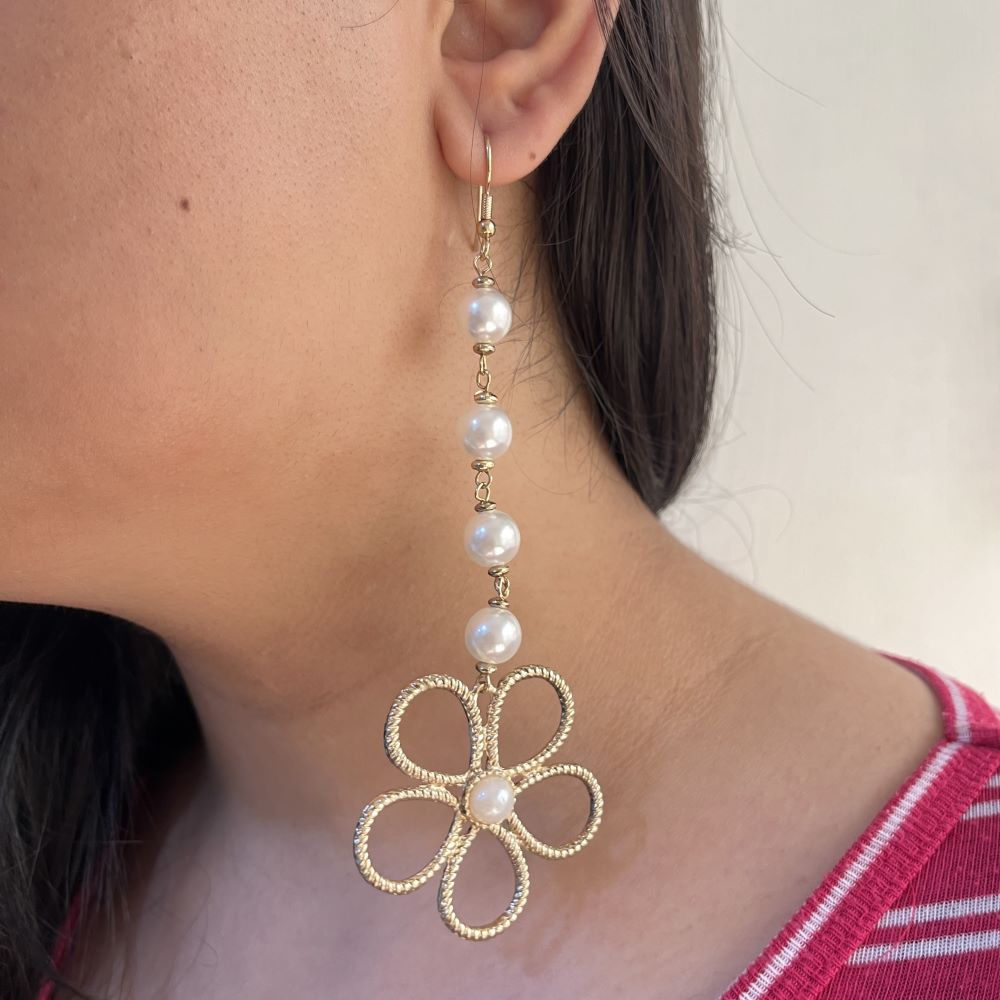 TFC Flower Pearl Drop Gold Plated Dangler Earrings