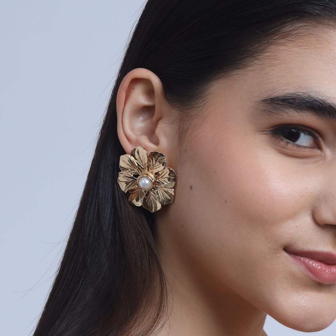 TFC Full Bloom Floral Pearl Gold Plated Stud Earrings