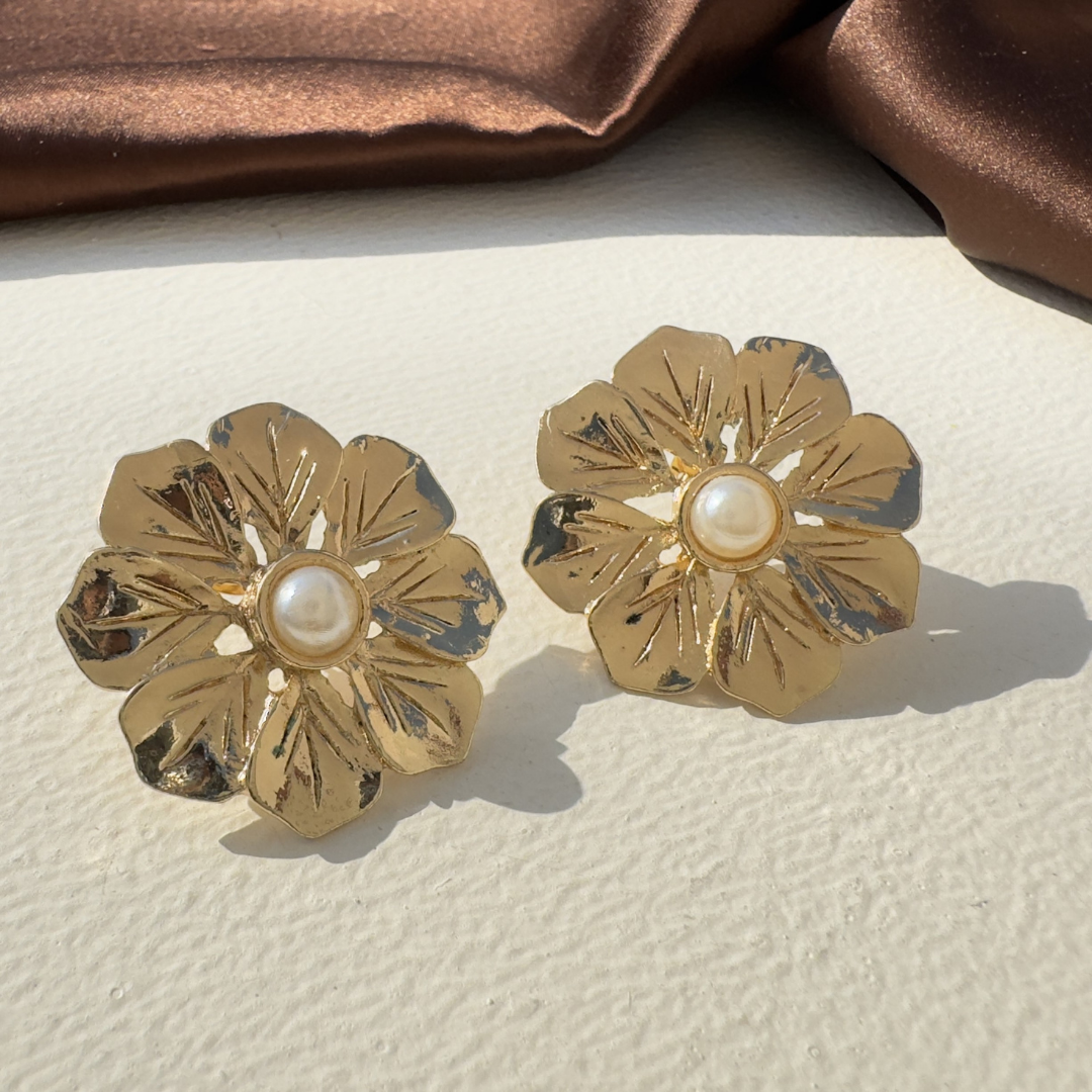 TFC Full Bloom Floral Pearl Gold Plated Stud Earrings