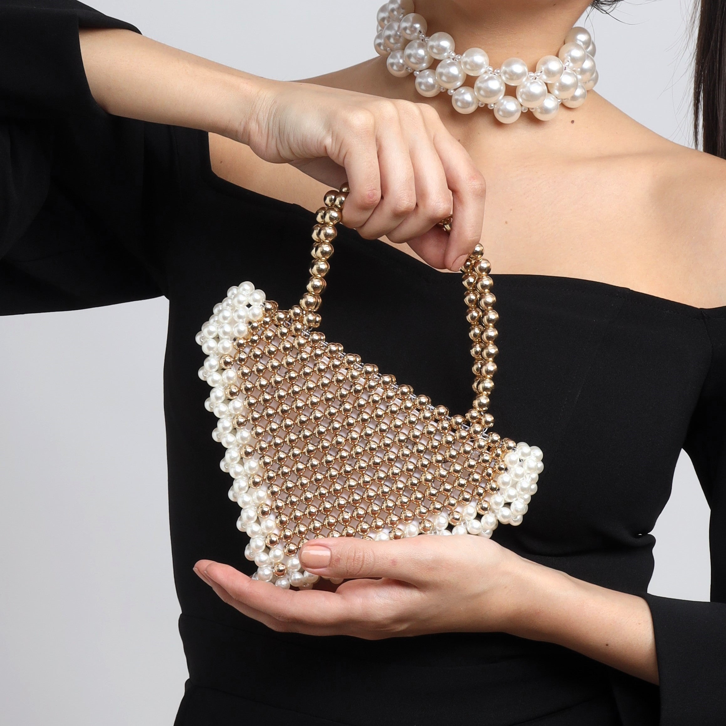 TFC Triangle Pearl & Gold Beaded Handbag