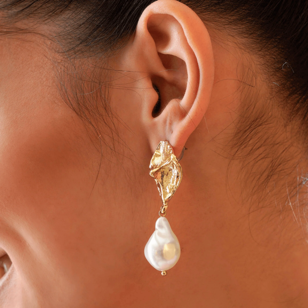 TFC Gold and Drop Pearl Dangler Earrings
