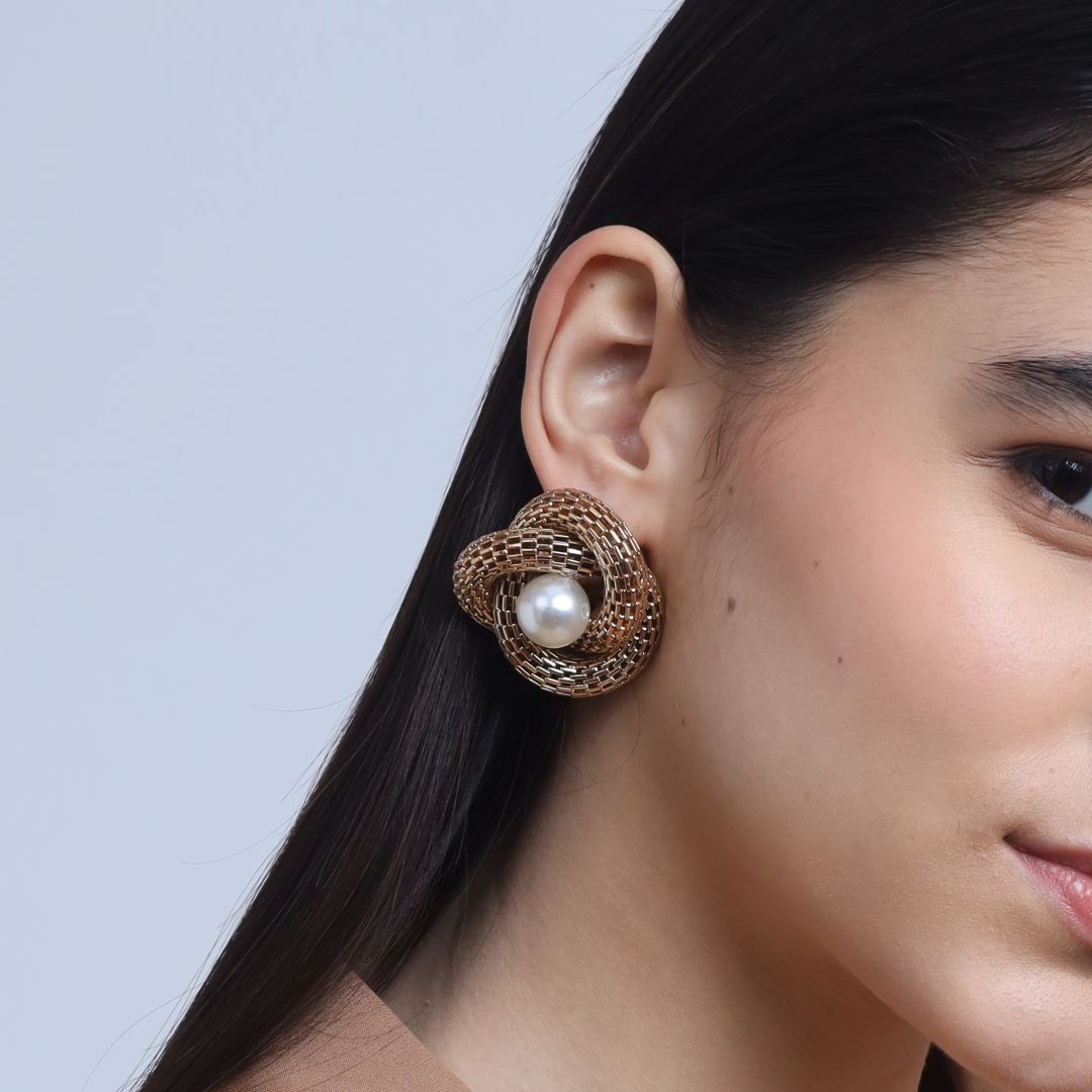 TFC Italian Luxury Stud Pearl Gold Plated Statement Stud Earrings