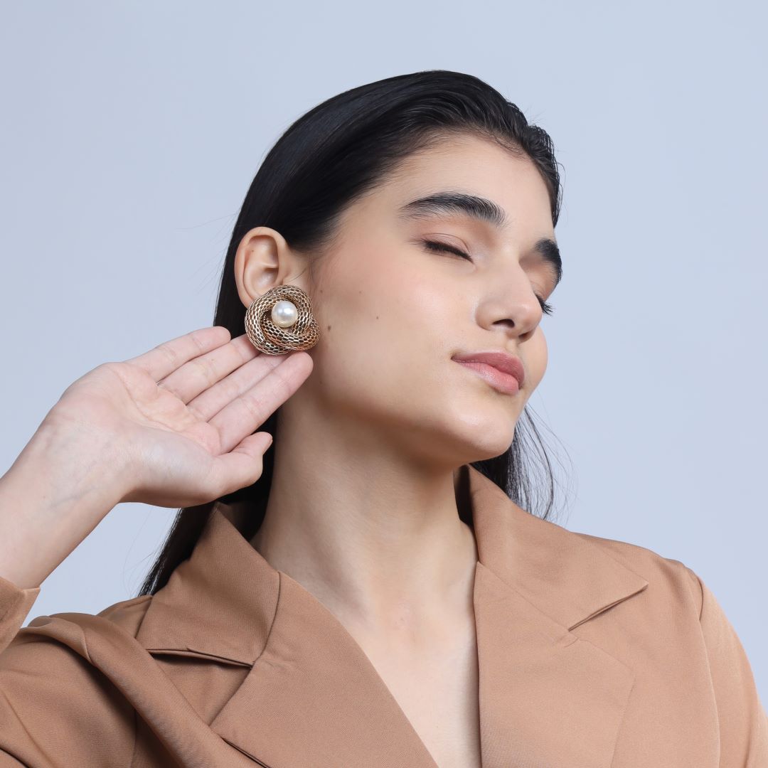 TFC Italian Luxury Stud Pearl Gold Plated Statement Stud Earrings