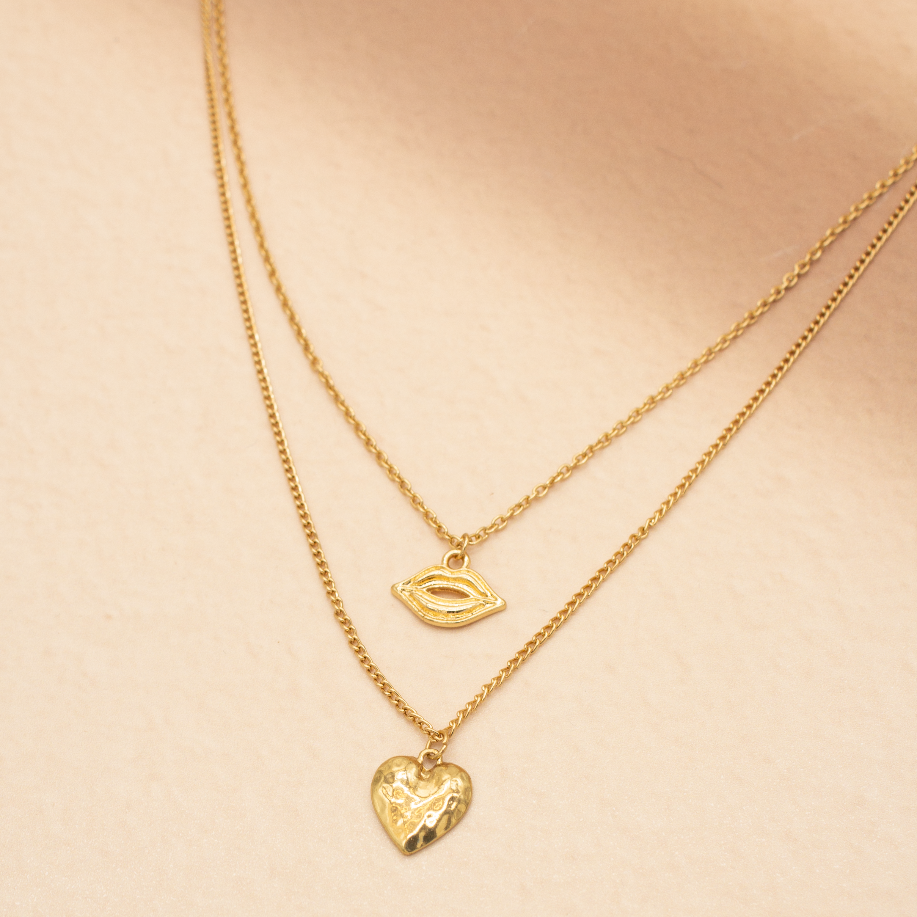 TFC Kiss and Heart Gold Plated Layered Necklace