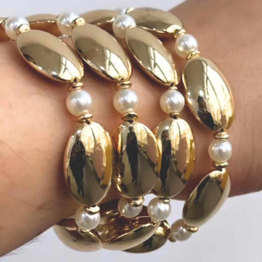 TFC Long Bold Beads With Pearls Gold Plated Stacked Bracelet