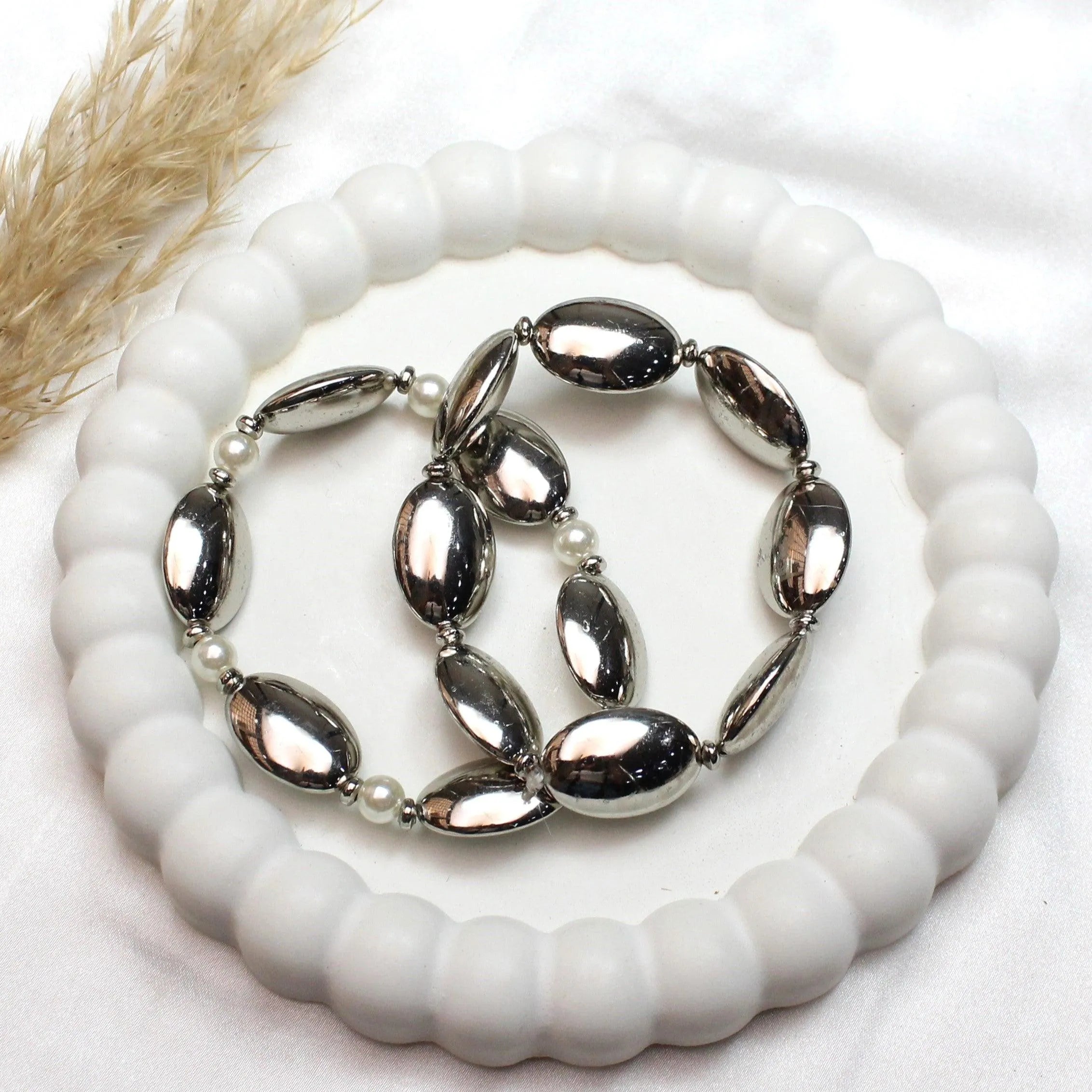 TFC Long Bold Bead With Pearls Silver Plated Stacked Bracelet (set of 2