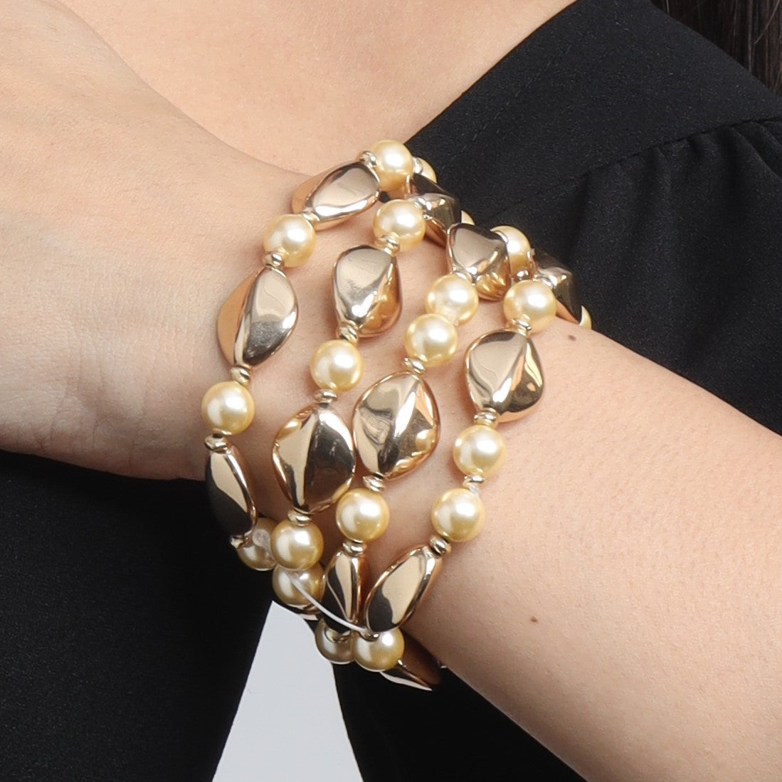 TFC Long Bold Beads With Double Pearls Gold Plated Stacked Bracelet