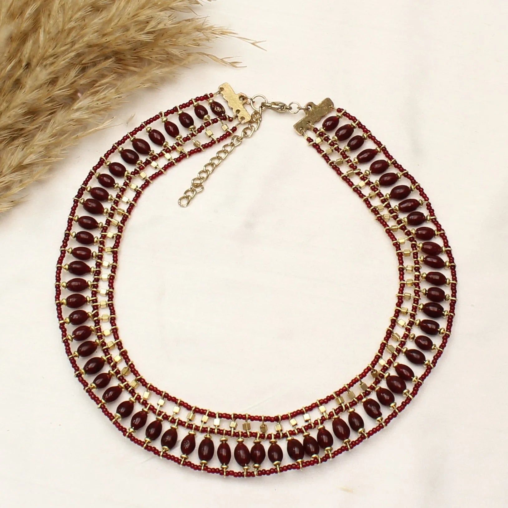 TFC Maroon Carnival Beaded Collar Necklace