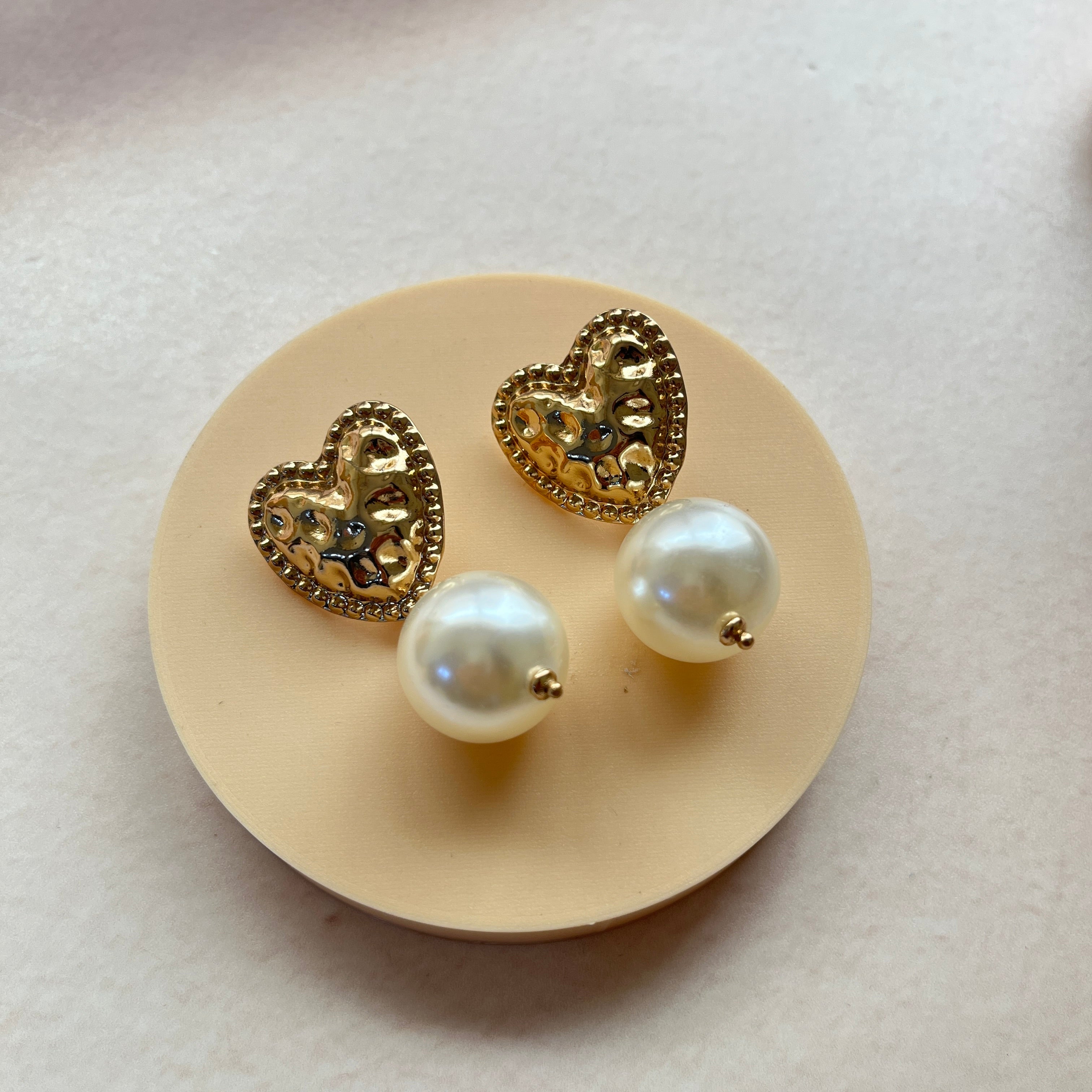 TFC Mashed Heart Pearl Gold Plated Stud Earrings