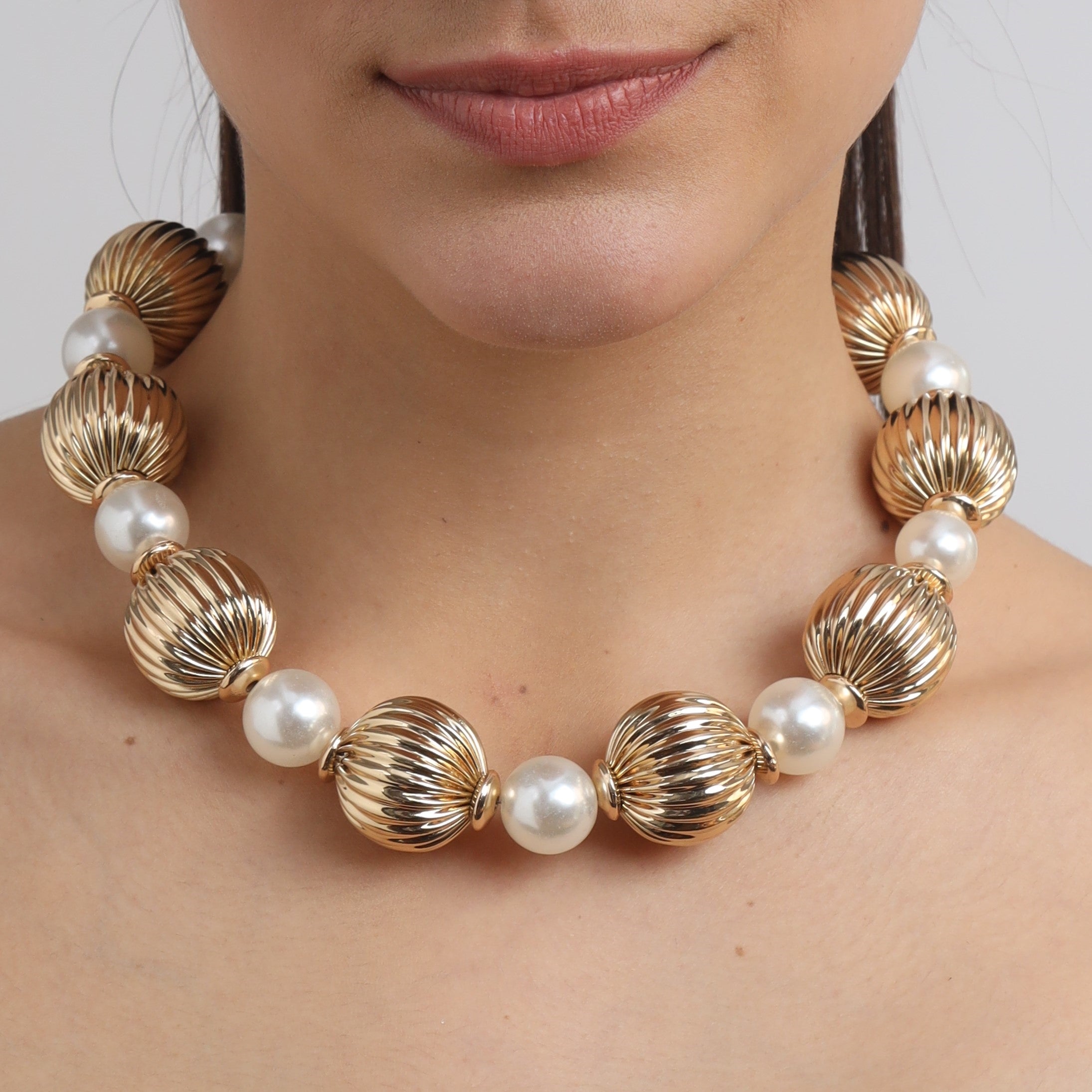 TFC Medium Vortex Bold Bead and Pearl Statement Gold Plated Necklace