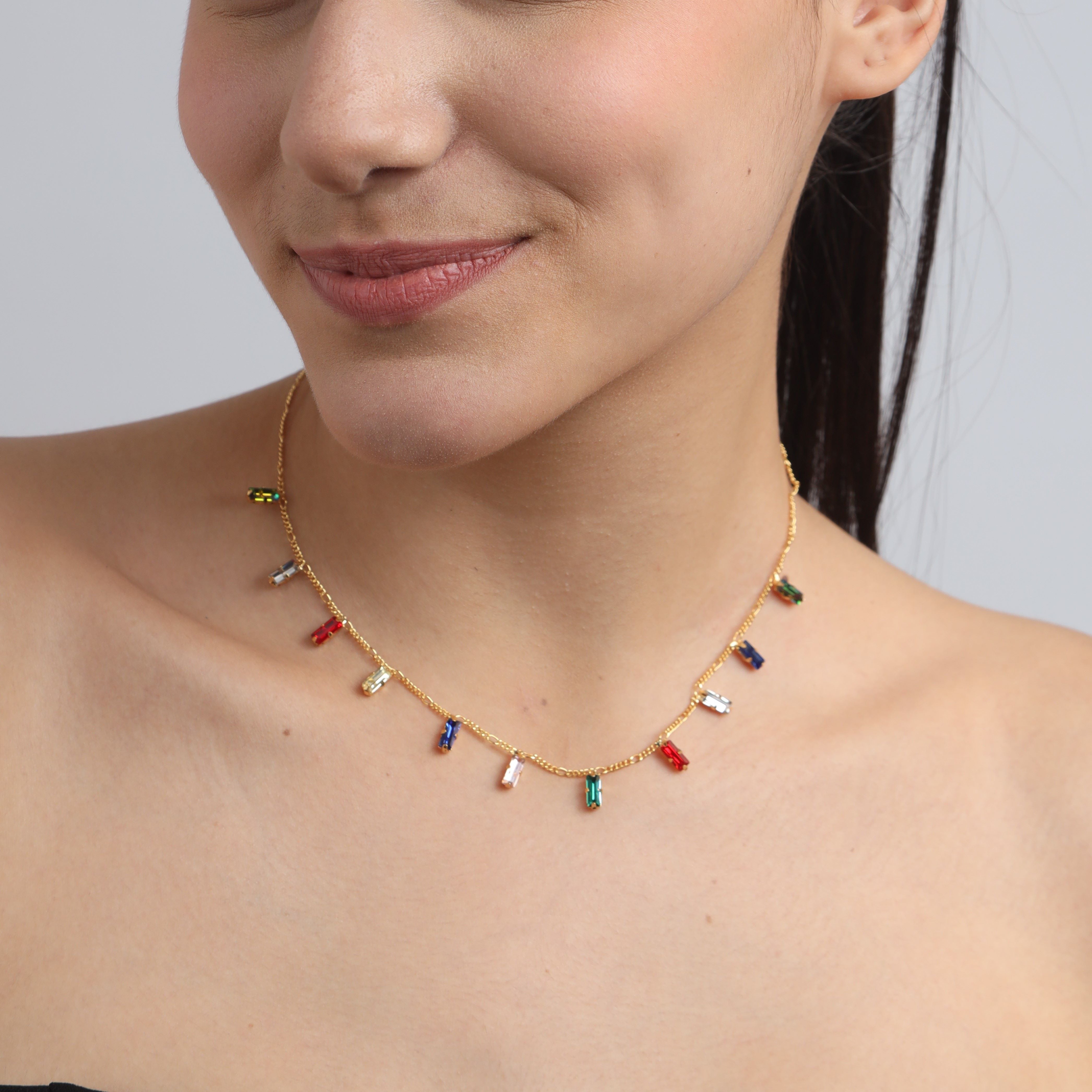 TFC 24K Multi-Color Slim Brick Gold Plated Dainty Necklace