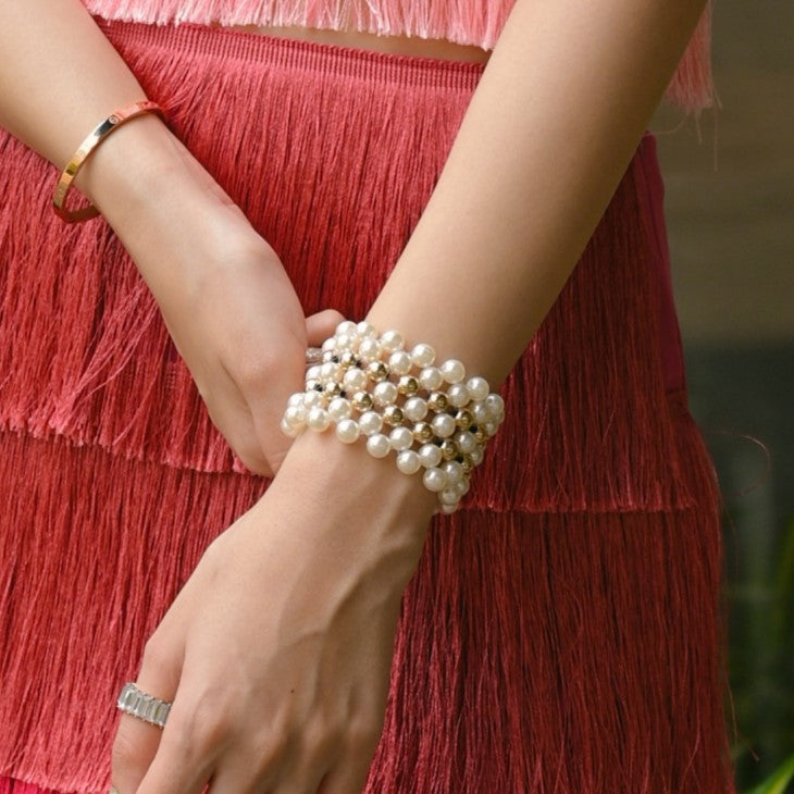 TFC Pearl Mesh with Double Bold Bead Gold Plated Bracelet