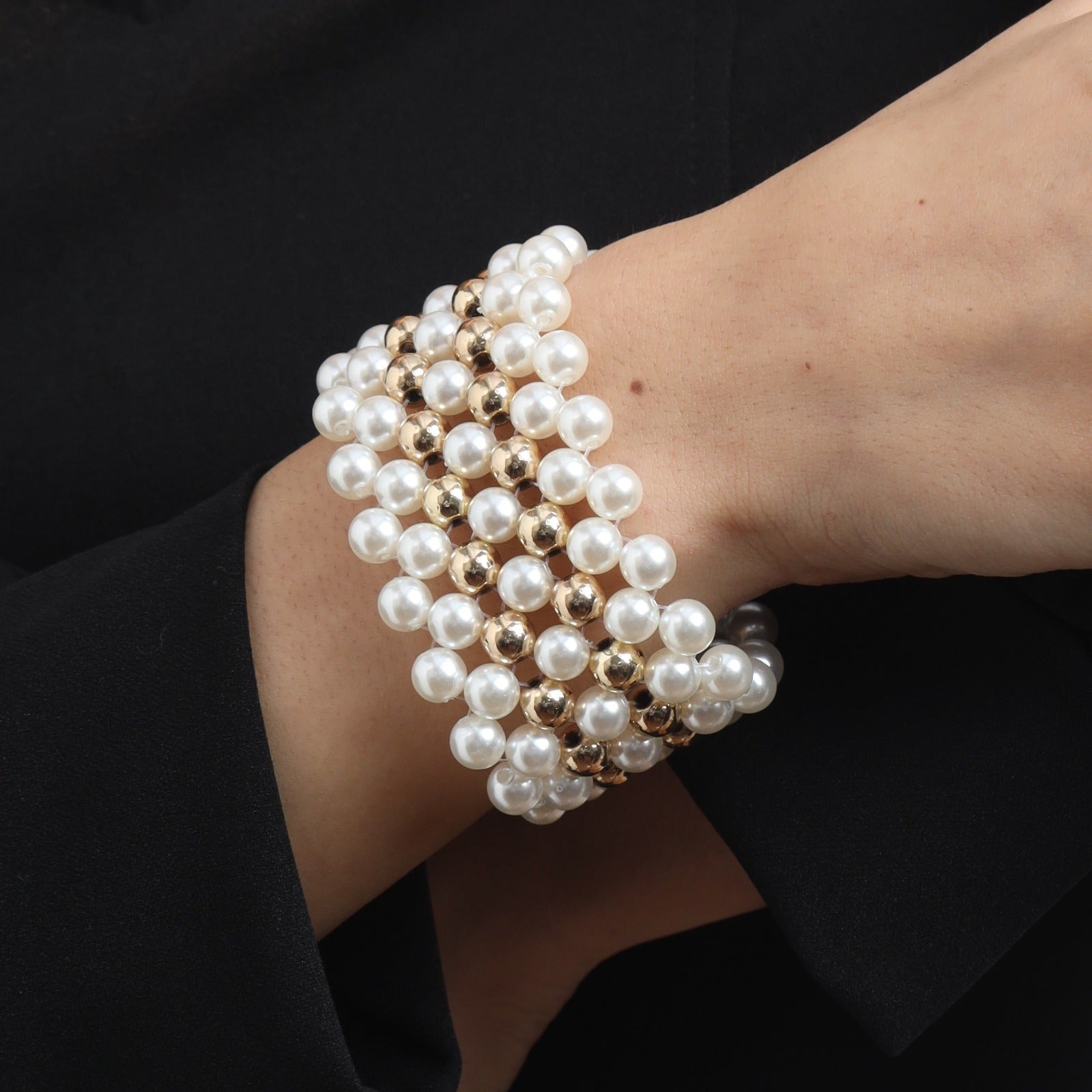 TFC Pearl Mesh with Double Bold Bead Gold Plated Bracelet