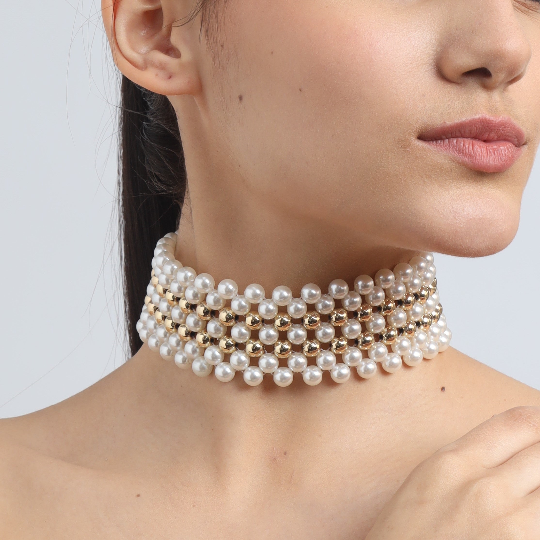 TFC Pearl Mesh with Double Bold Bead Gold Plated Choker Necklace