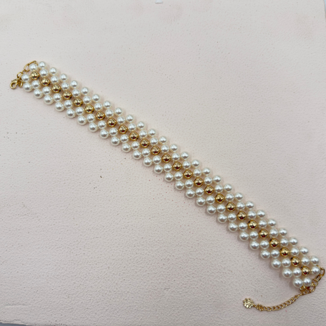 TFC Pearl Mesh with Single Bold Bead Gold Plated Choker Necklace