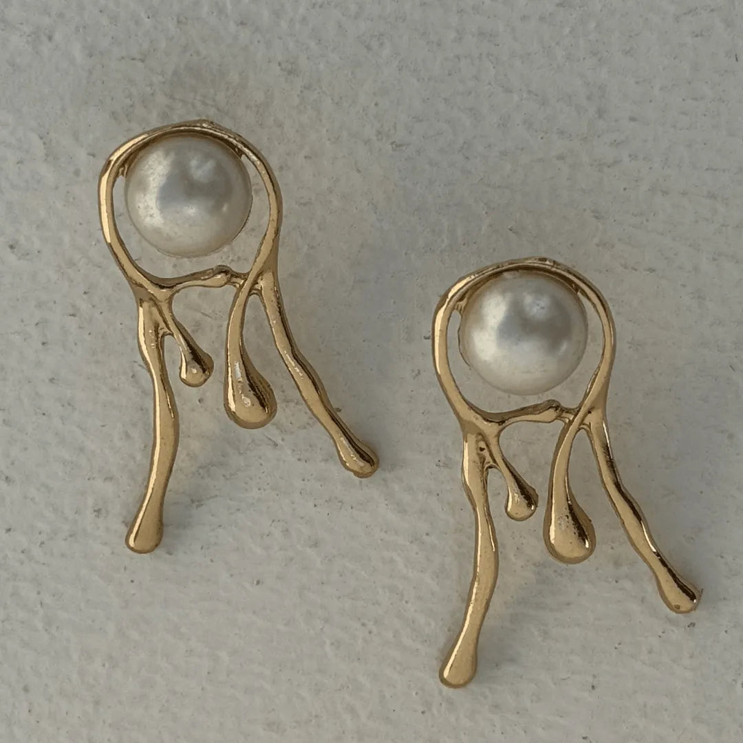 TFC Molten Metal Pearl Gold Plated Stud Earrings