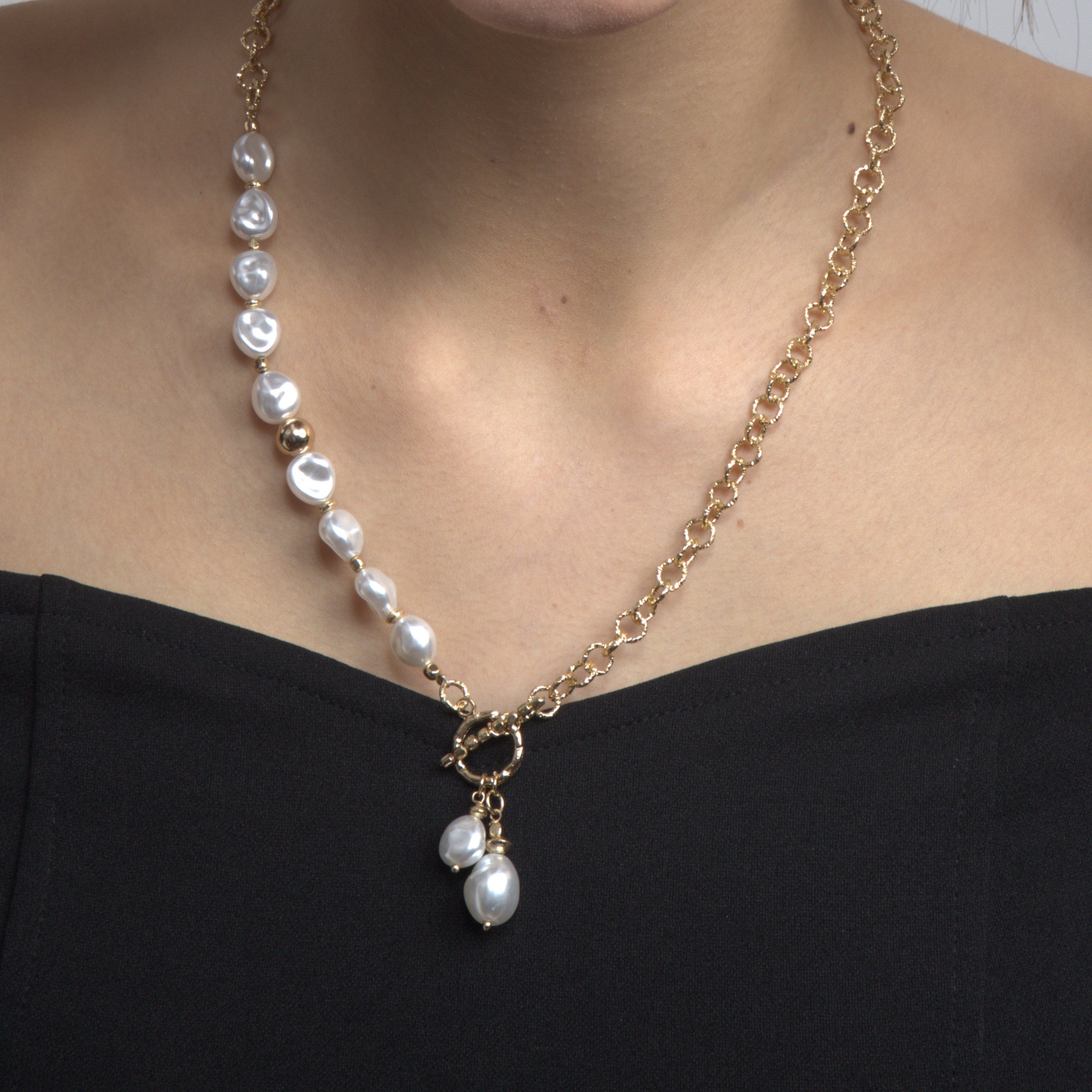 TFC Half Pearl Lariat Gold Plated Necklace