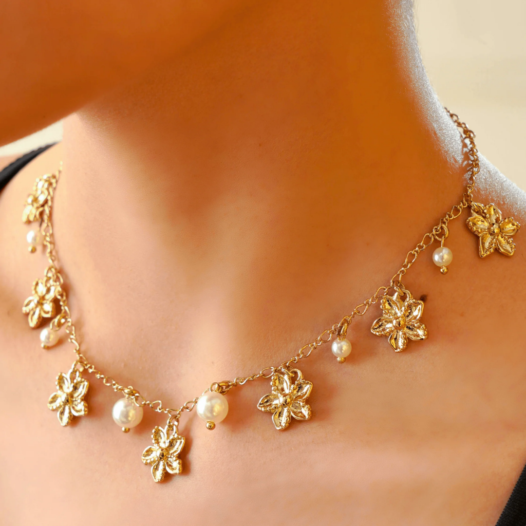 TFC Playful Pearls and Flowers Gold Plated Necklace