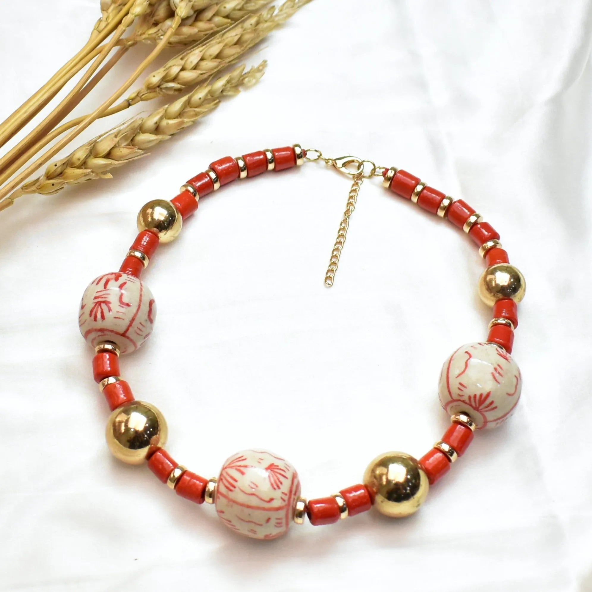 TFC Reds Ceramic Balls And Beaded Necklace