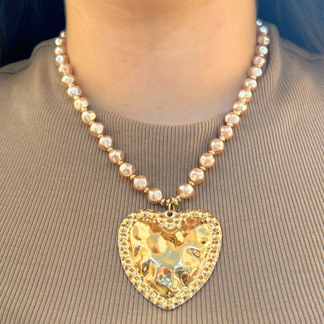 TFC Rose Gold Pearl Bold Mashed Heart Gold Plated Pendant Necklace