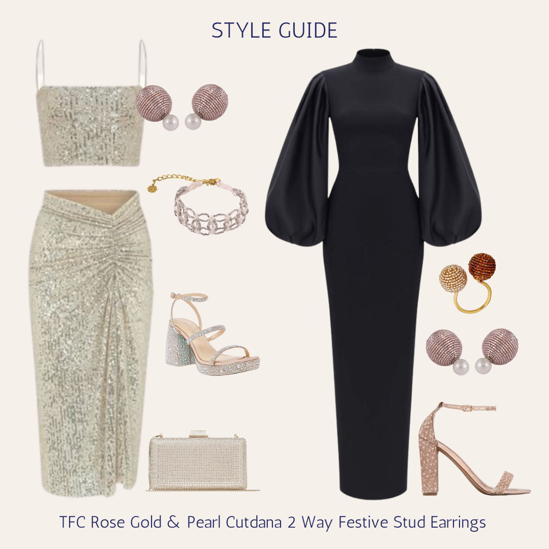 TFC Rose Gold & Pearl Cutdana 2 Way Festive Stud Earrings