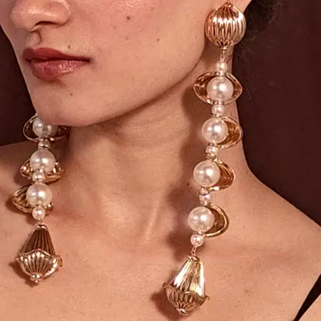 TFC Rotating Vortex Pearl and Gold Plated Shoulder Duster Dangler Earrings