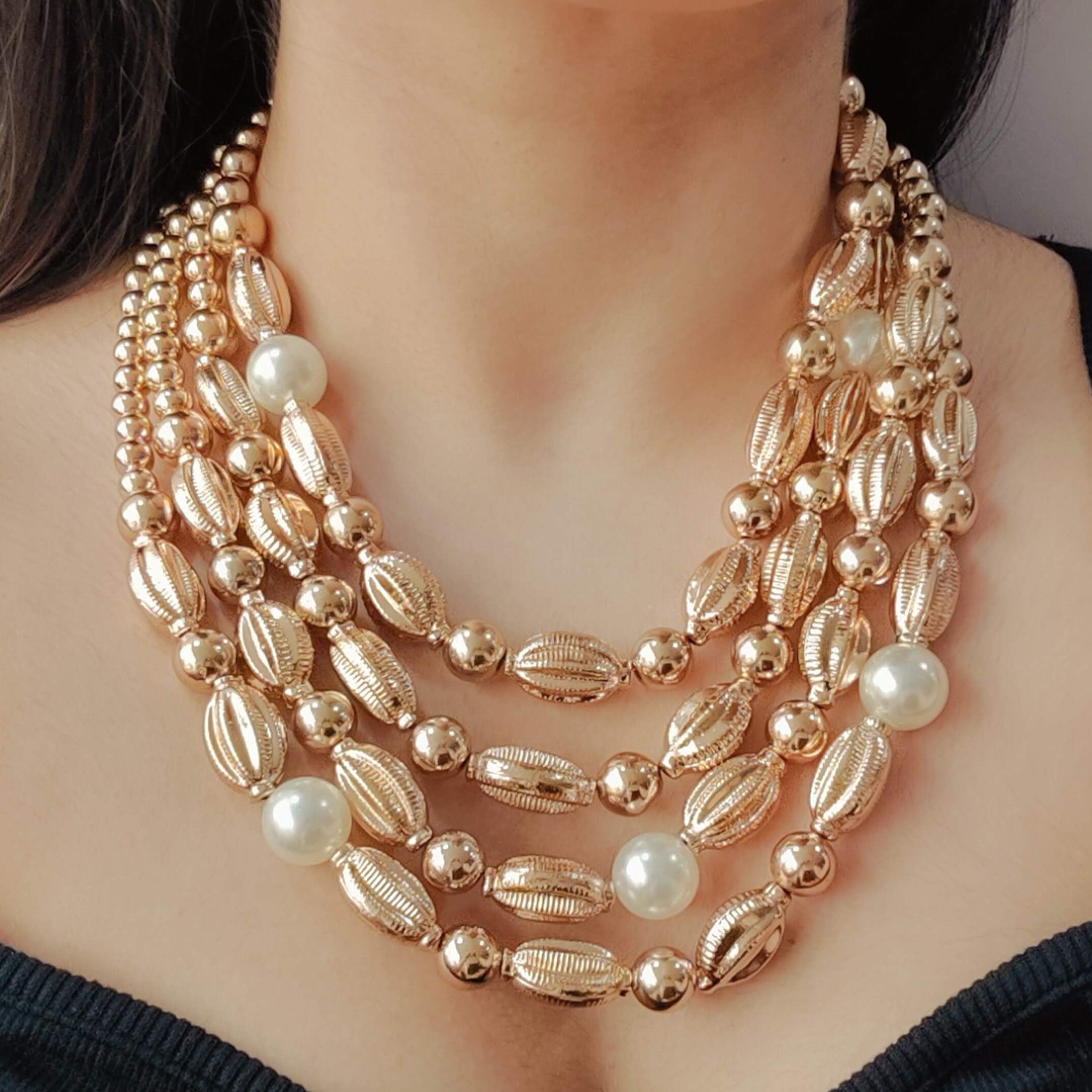 TFC Seashell Bold & Gold Pearl Beads Statement Layered Necklace