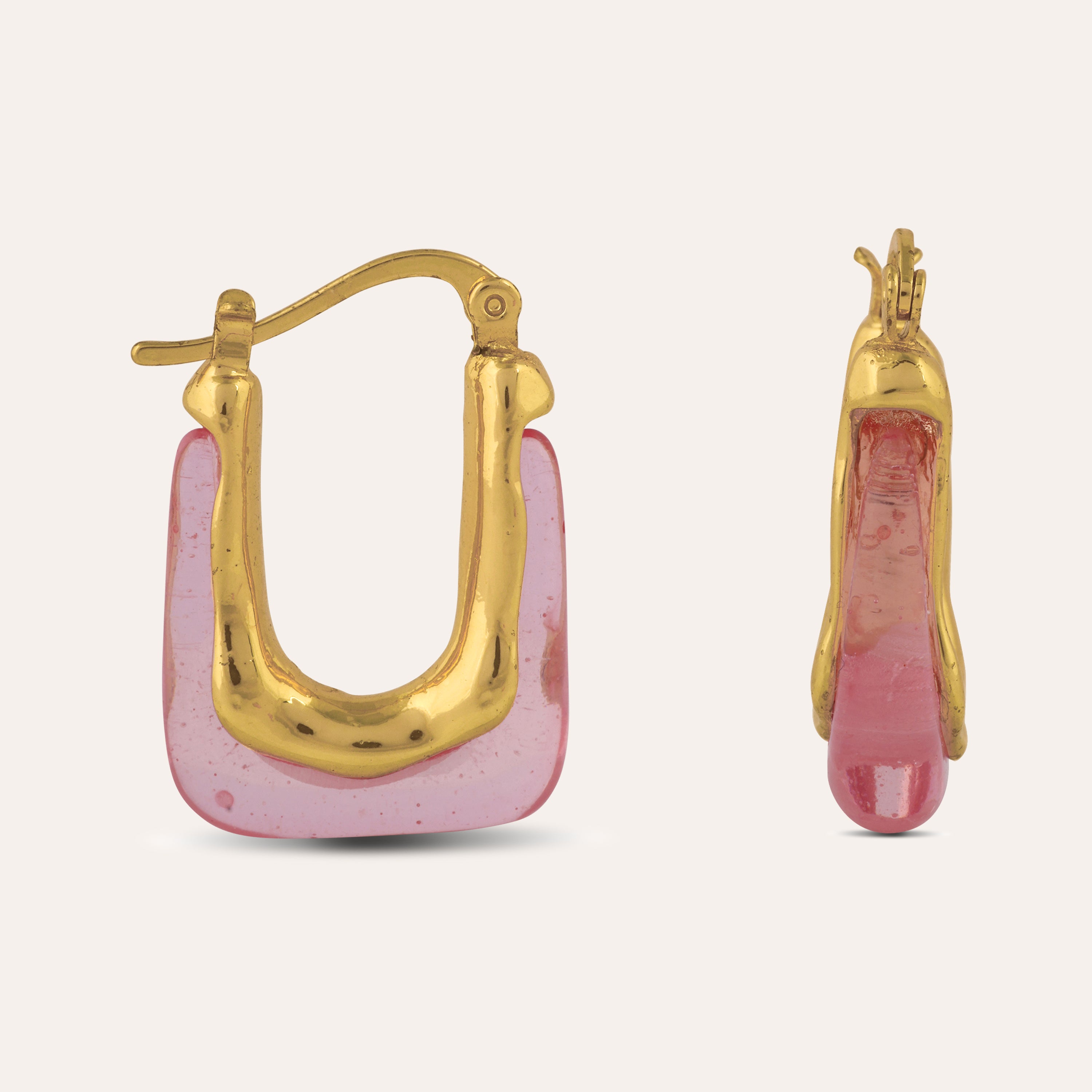 TFC Square Pink Resin Gold Plated Hoop Earrings