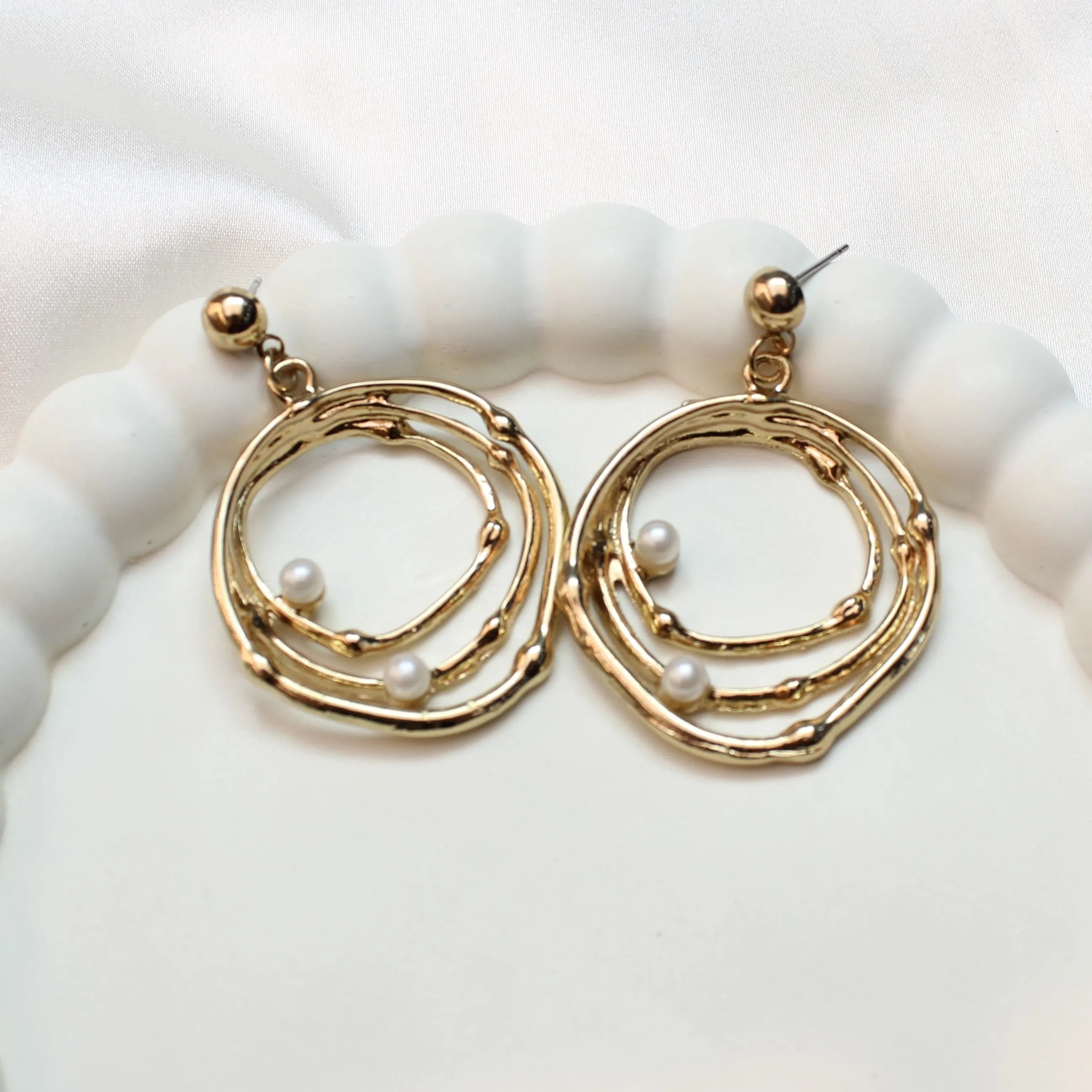 TFC Triple Circle Pearl Gold Plated Dangler Earrings