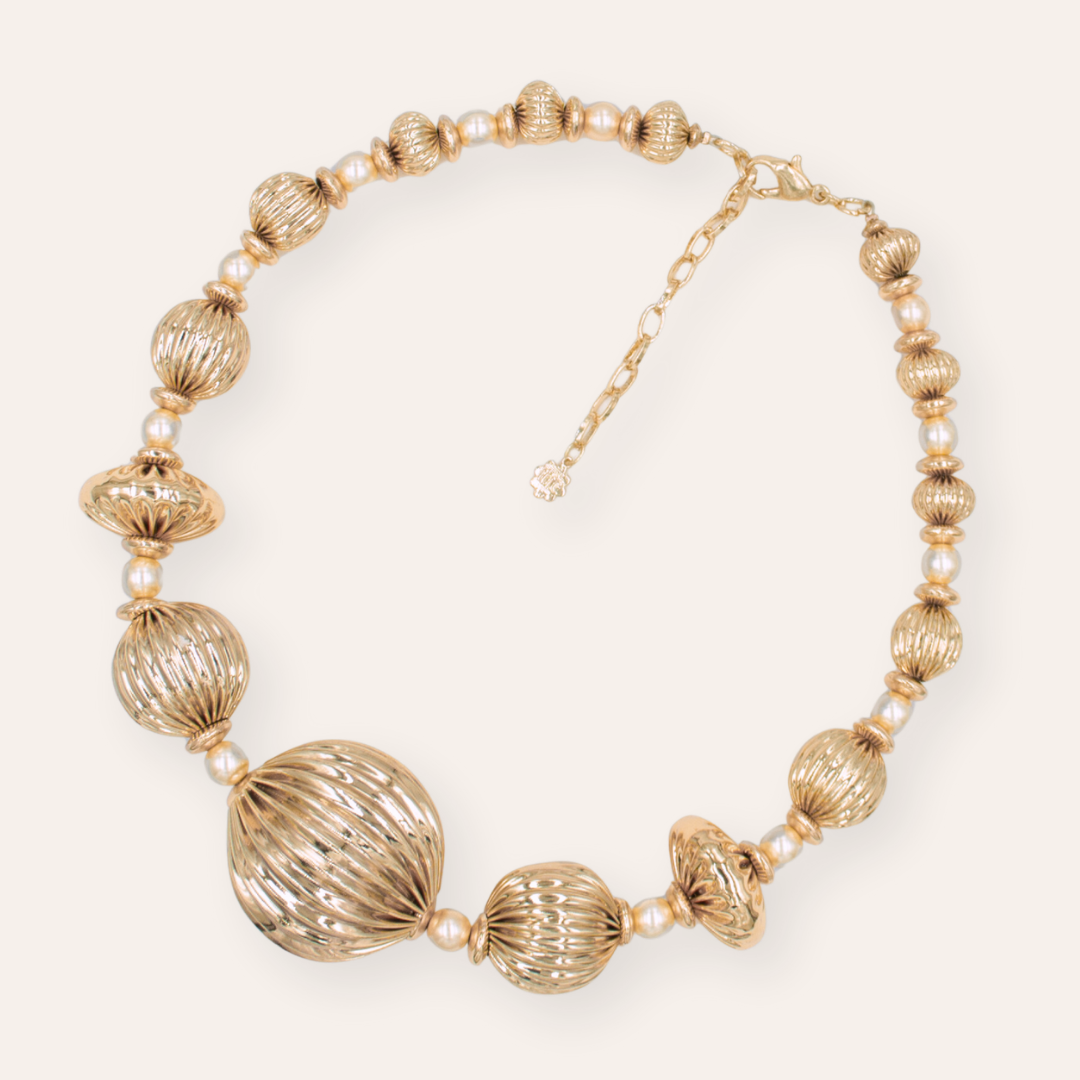 TFC Varied Vortex Bold Bead and Pearl Gold Plated Necklace