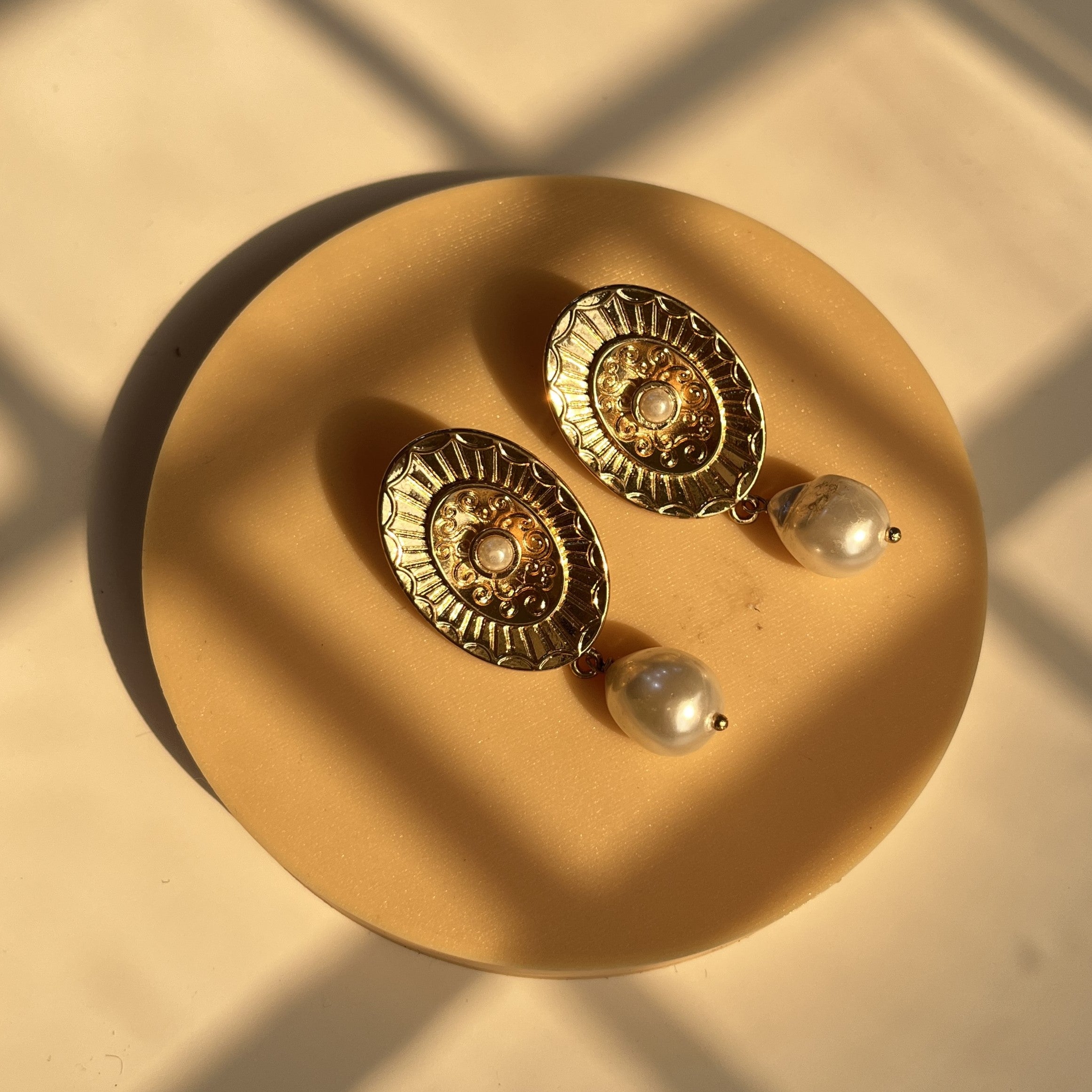TFC Vintage Pearl Drop Gold Plated Dangler Earrings