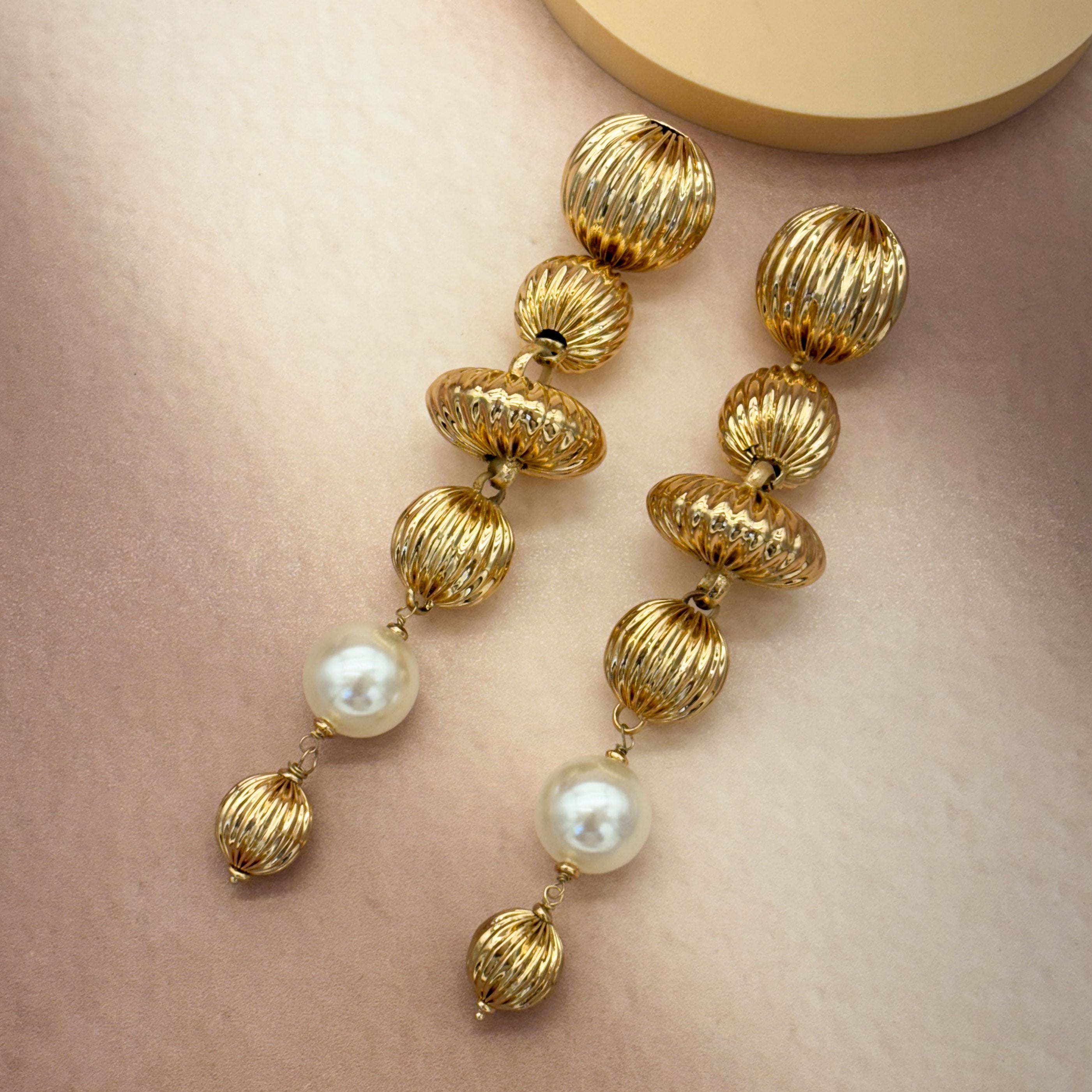 TFC Vortex Bold Bead and White Pearl Gold Plated Earring