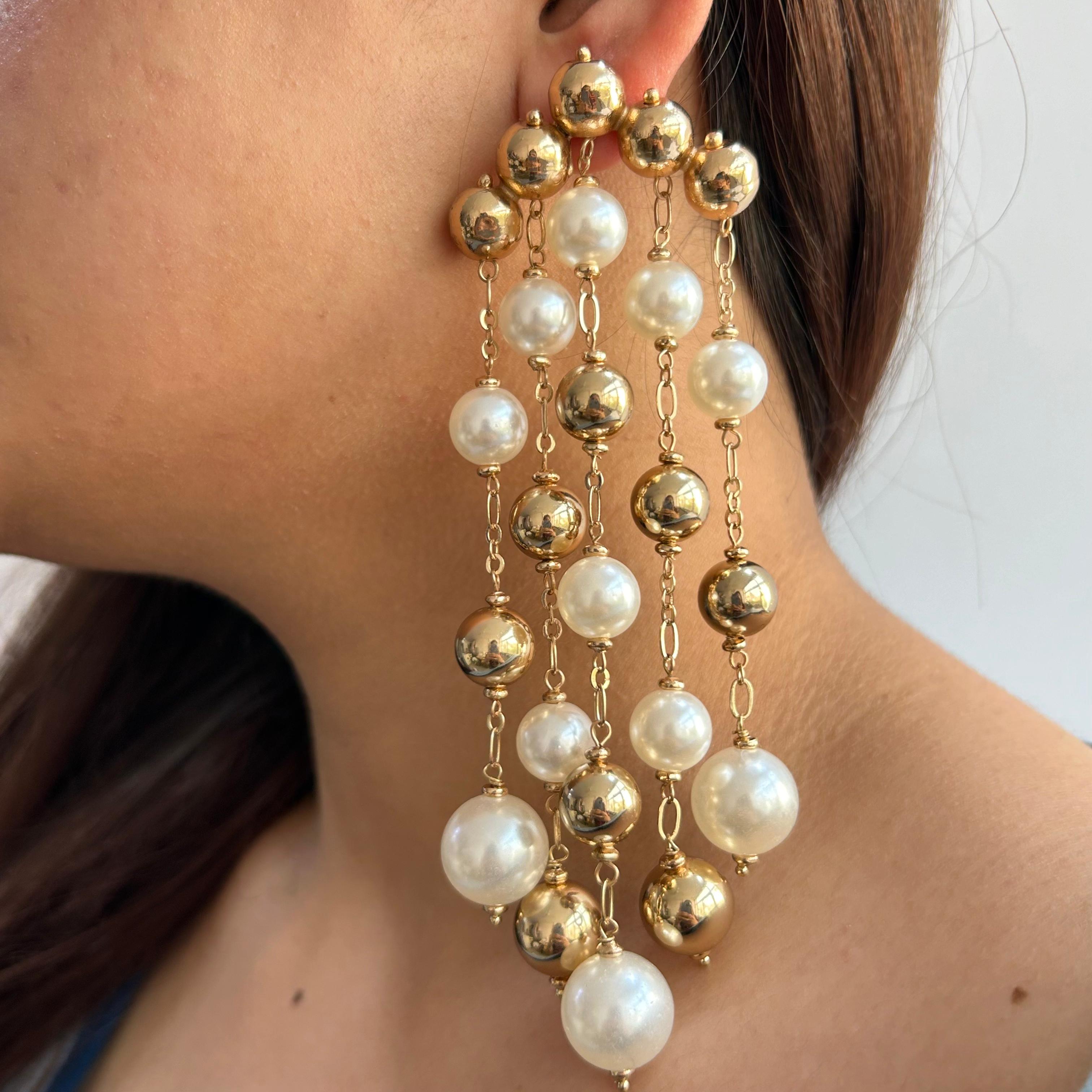 TFC Vortex Bold Bead and Pearl Waterfall Gold Plated Dangler Earrings