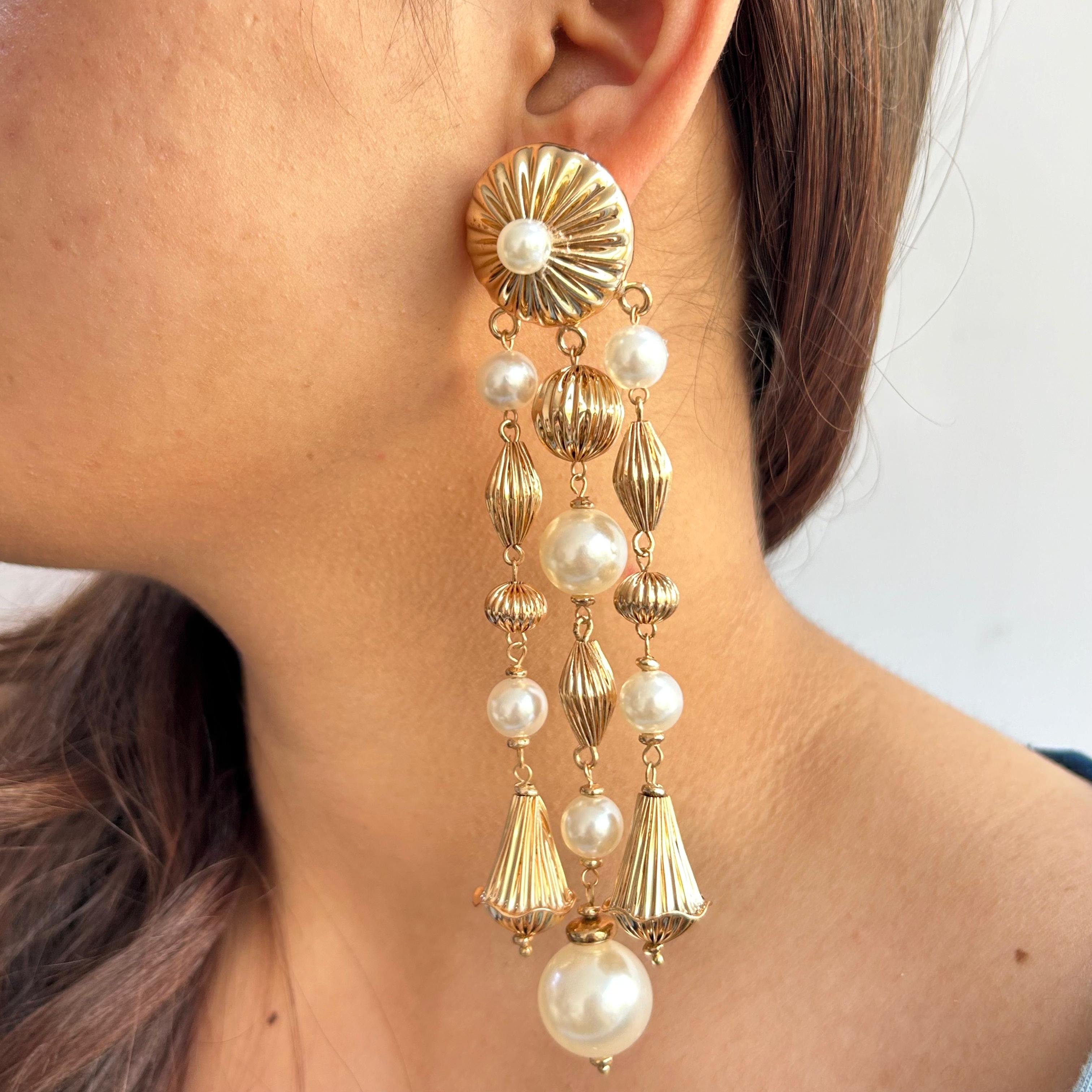 TFC Vortex Circle Pie Pearl and Gold Plated Dangler Earrings