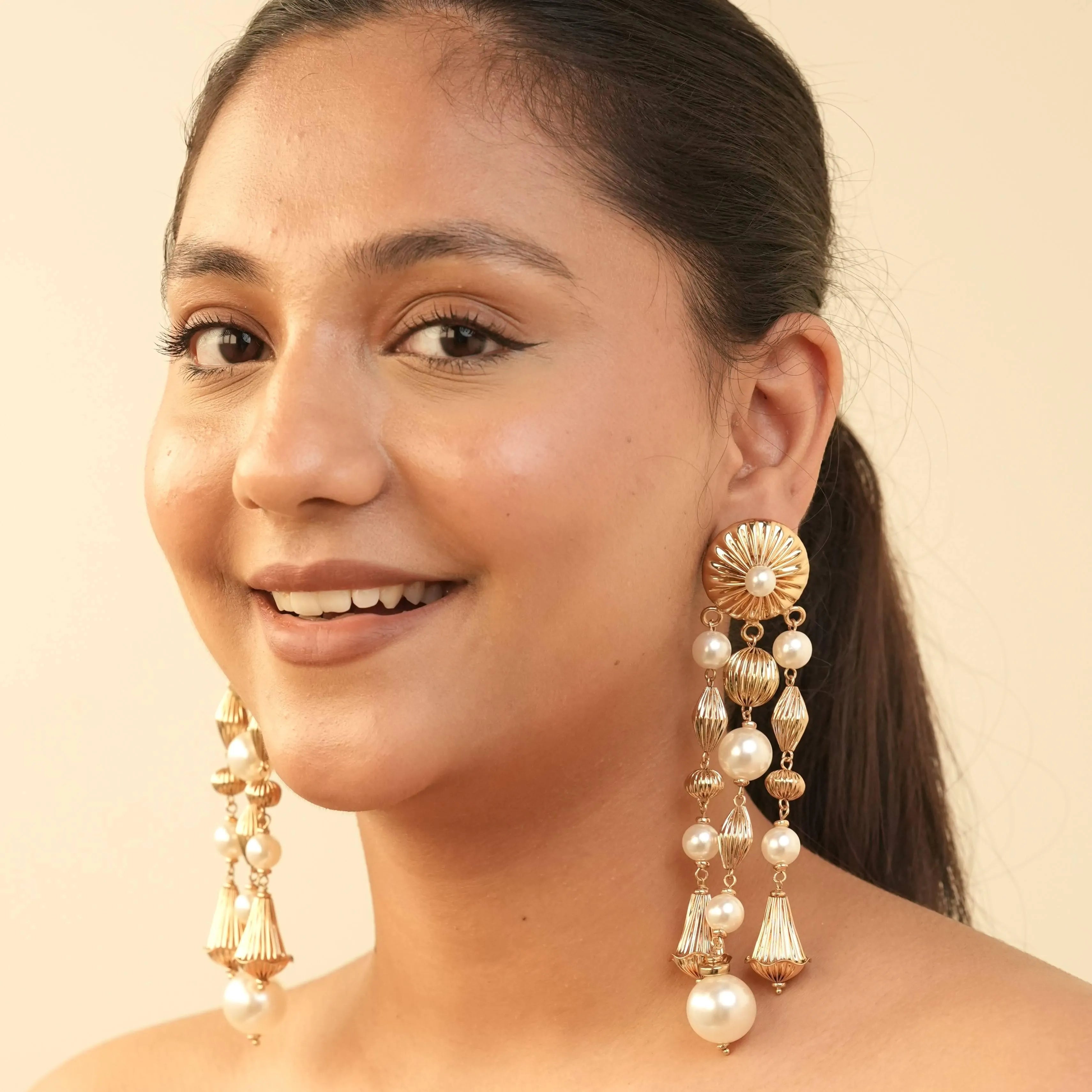 TFC Vortex Circle Pie Pearl and Gold Plated Dangler Earrings