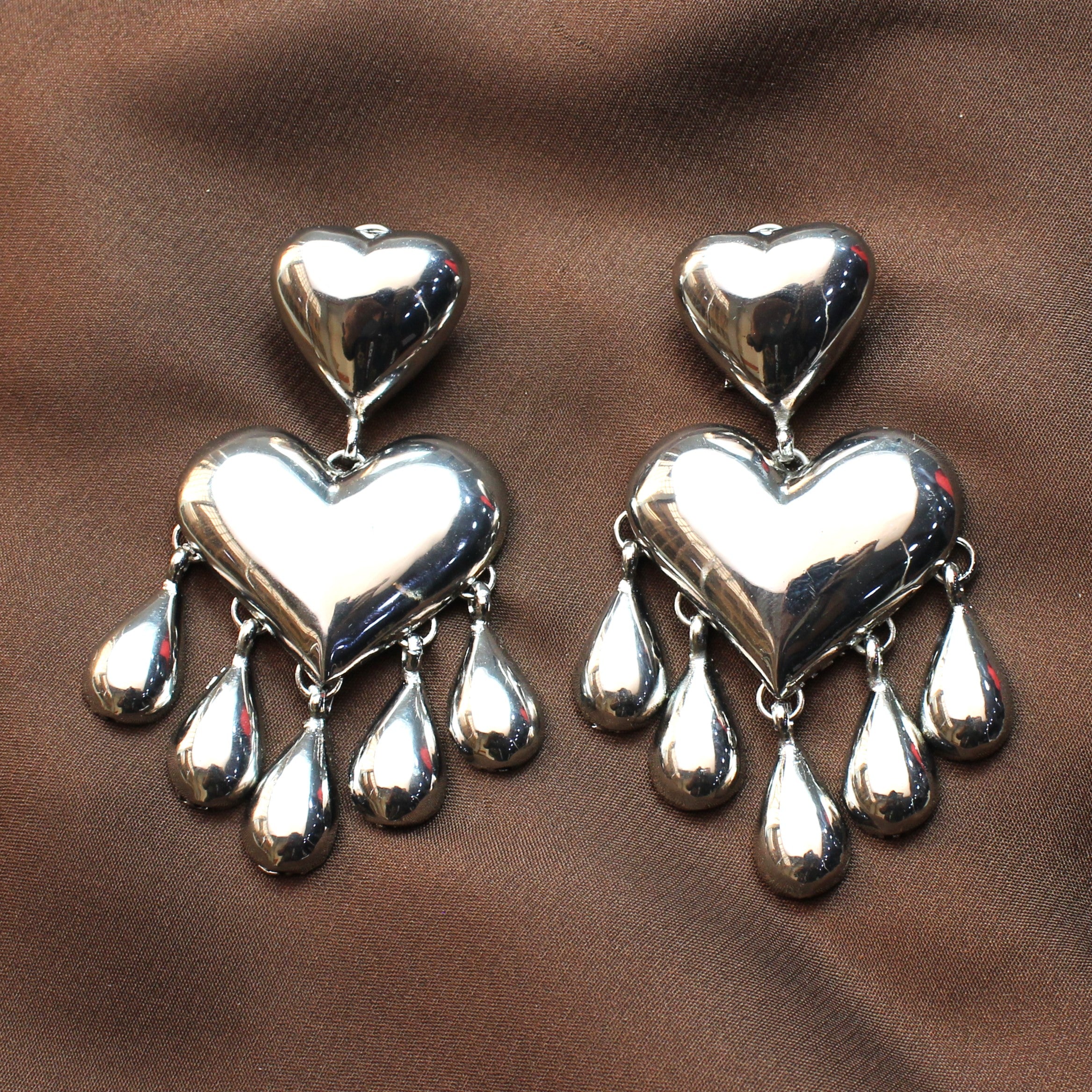 TFC 24K Bold Heart 5 Drop Silver Plated Dangler Earrings