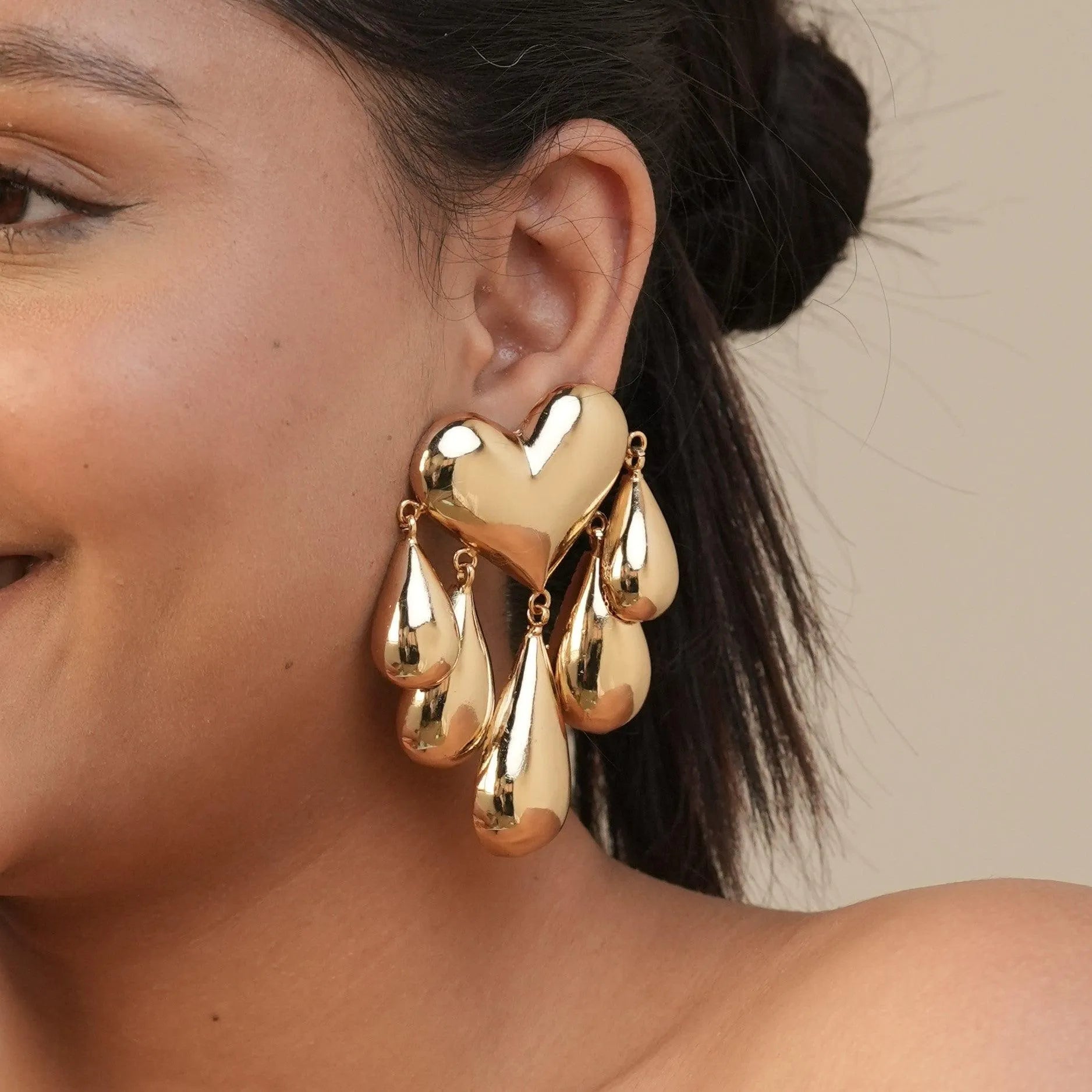 TFC Bold Heart 5 Drop Gold Plated Dangler Earrings